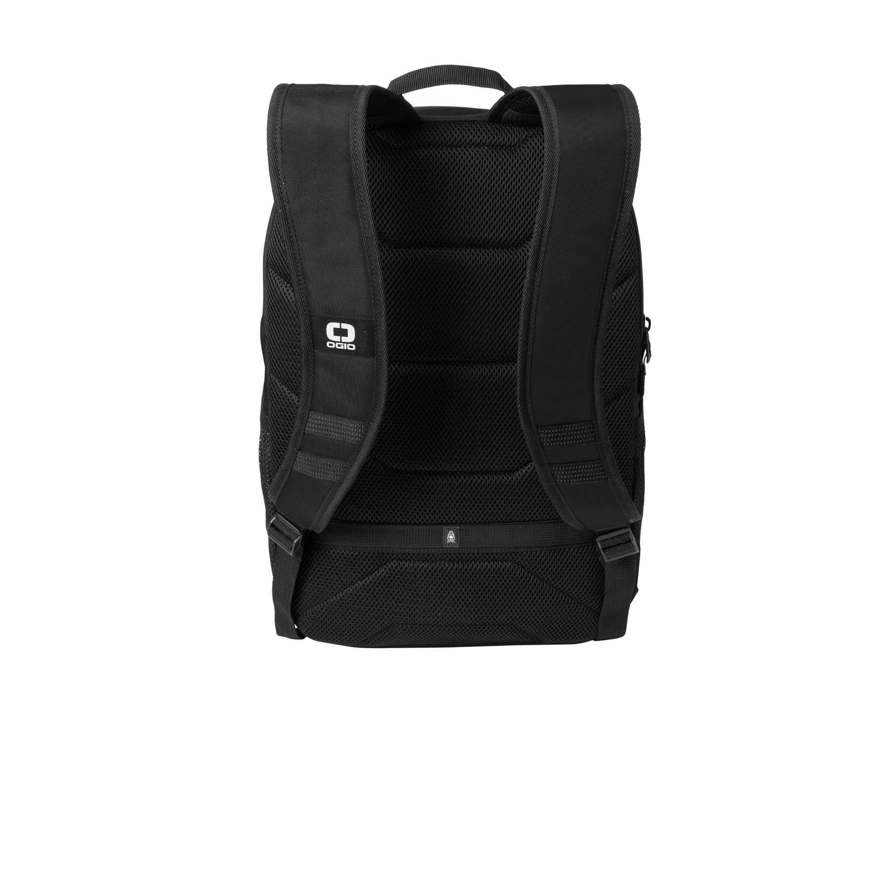 Blacktop OGIO® Forge Pack, featuring durable ballistic polyester construction, a spacious zippered main compartment with a padded laptop sleeve, expandable storage, multiple organizational pockets, padded ergonomic shoulder straps, and a luggage pass-through for business travel, commuting, and everyday carry.