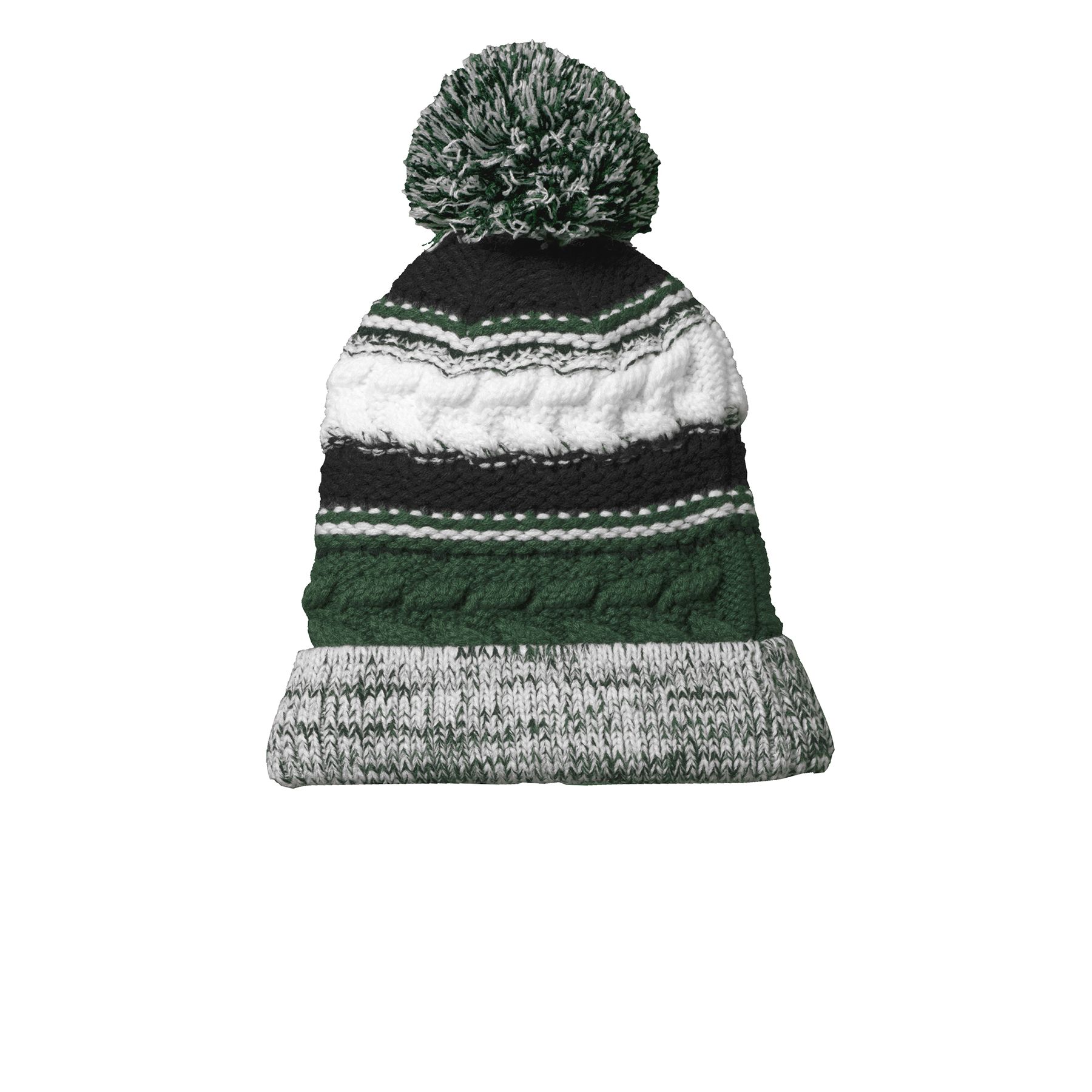 Forest Green/Black/White chunky knit pom pom beanie with a bold three-color striped pattern and oversized pom pom on a white background.