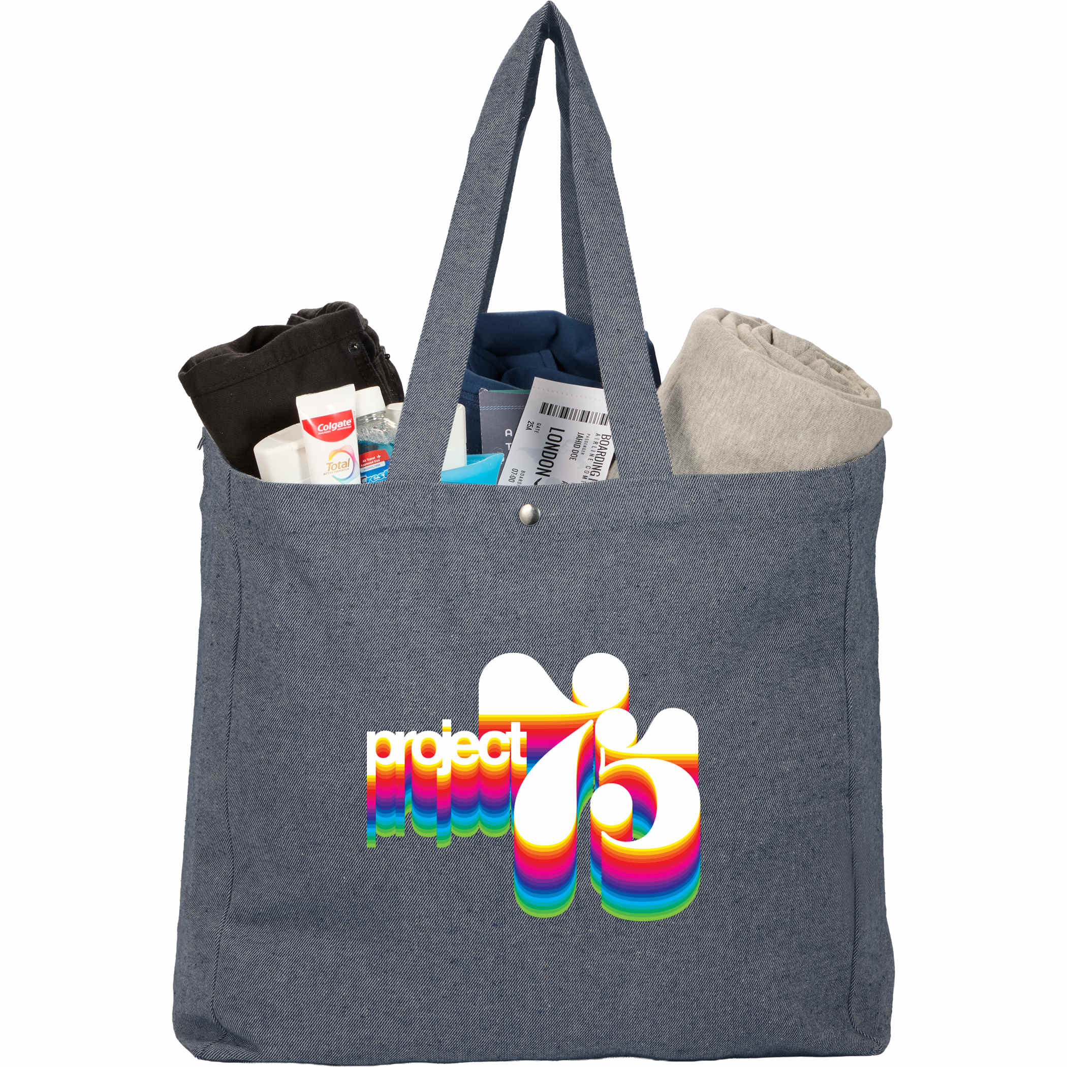 Organic cotton packable tote featuring a spacious open compartment, reinforced carry handles, and a foldable design with a snap closure for compact storage.