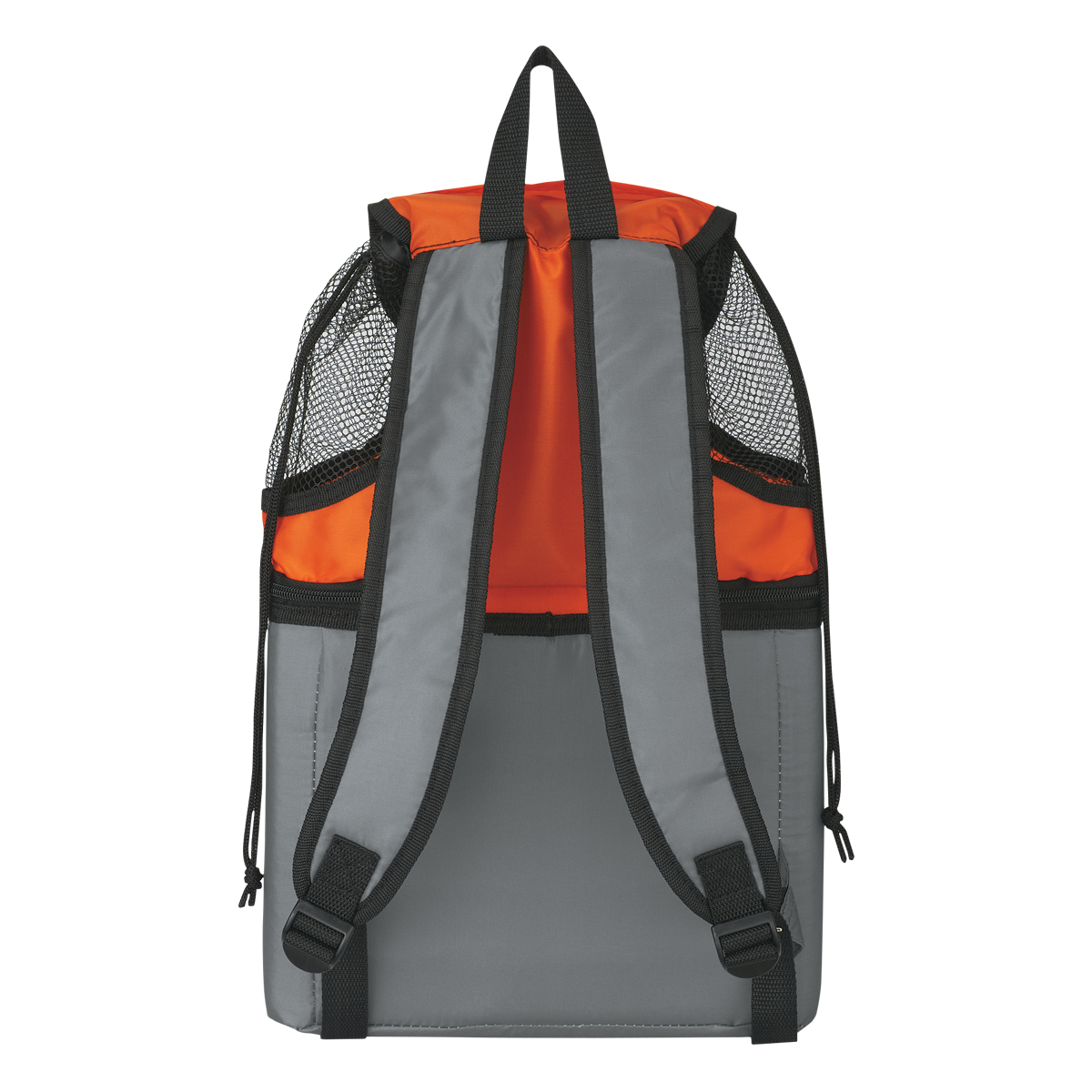 Back of Orange All-In-One Cooler Beach Backpack, featuring durable 210D polyester with an insulated PEVA-lined lower cooler compartment, mesh upper storage section with drawstring closure, front hook-and-loop pocket, padded adjustable shoulder straps, and a lightweight design for beach trips, picnics, hiking, and outdoor adventures.