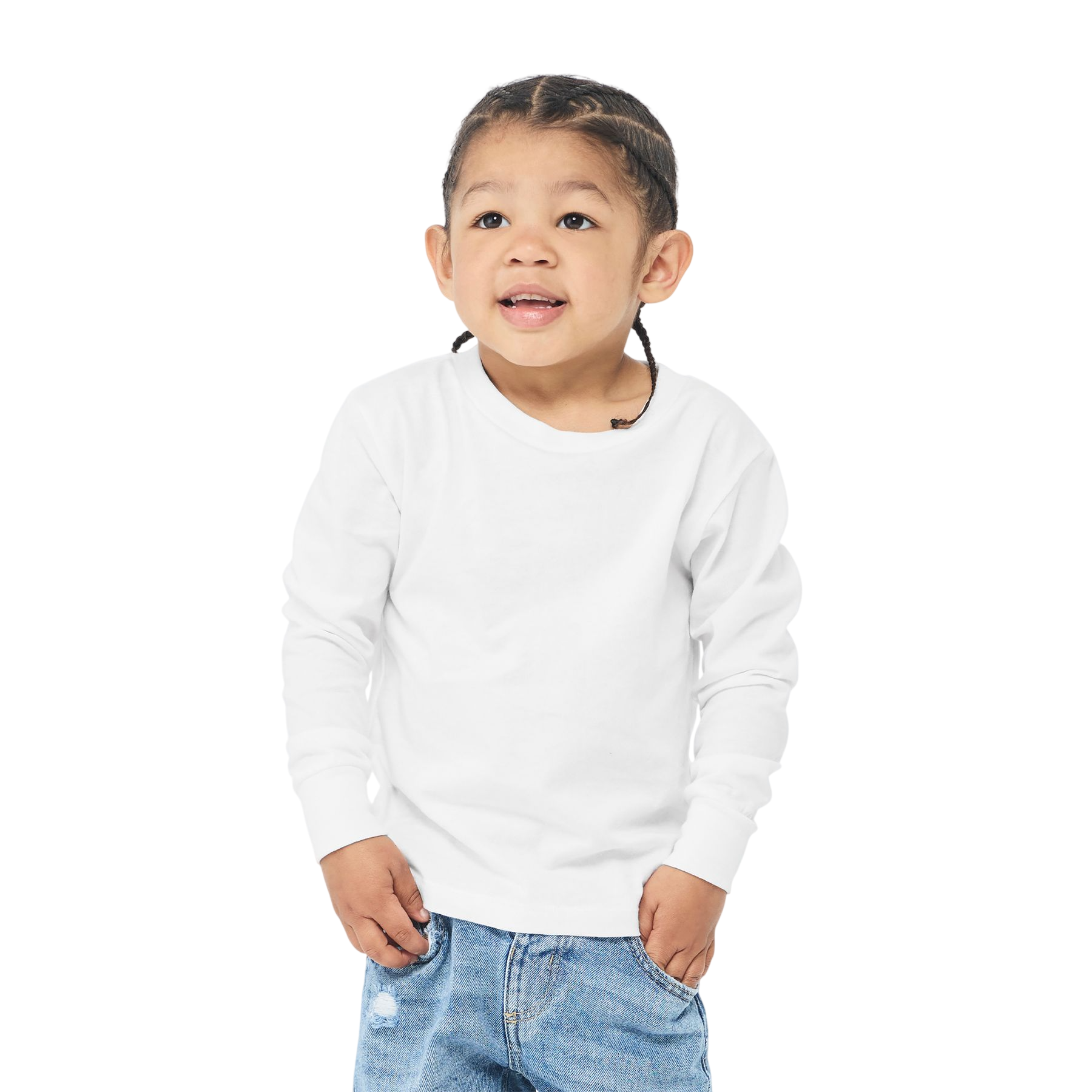White BELLA+CANVAS Toddler Jersey Long Sleeve Tee, featuring soft Airlume combed and ring-spun cotton, a classic crew neckline, ribbed cuffs, side-seamed construction, and a comfortable long-sleeve design for everyday wear, layering, and custom decoration.