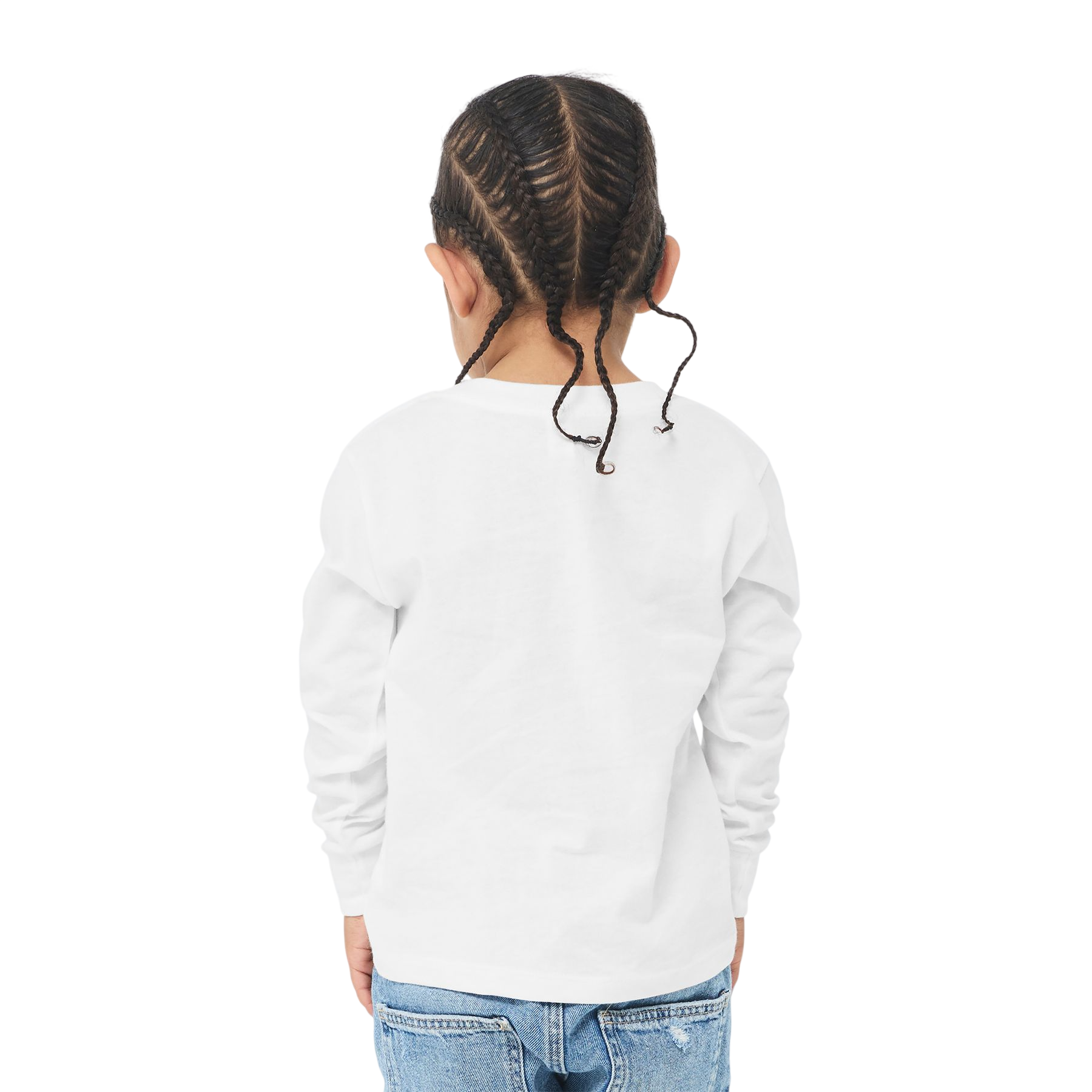White BELLA+CANVAS Toddler Jersey Long Sleeve Tee, featuring soft Airlume combed and ring-spun cotton, a classic crew neckline, ribbed cuffs, side-seamed construction, and a comfortable long-sleeve design for everyday wear, layering, and custom decoration.