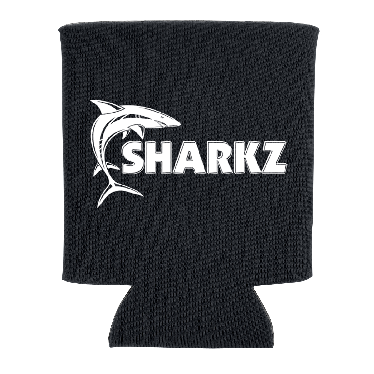 Black foam beverage holder with matching black elastic strap and black plastic bottle opener with bead chain on a white background.