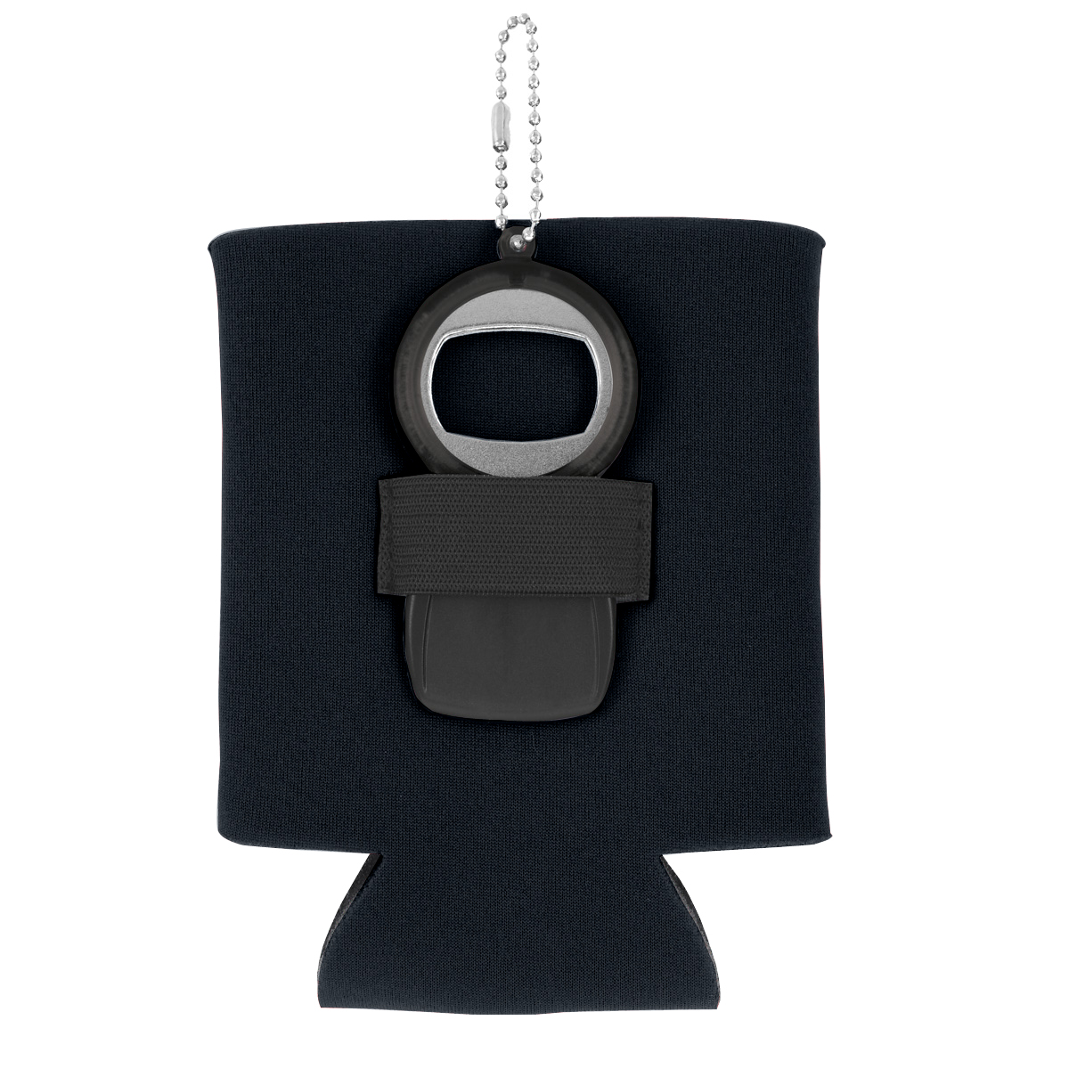 Black foam beverage holder with matching black elastic strap and black plastic bottle opener with bead chain on a white background.