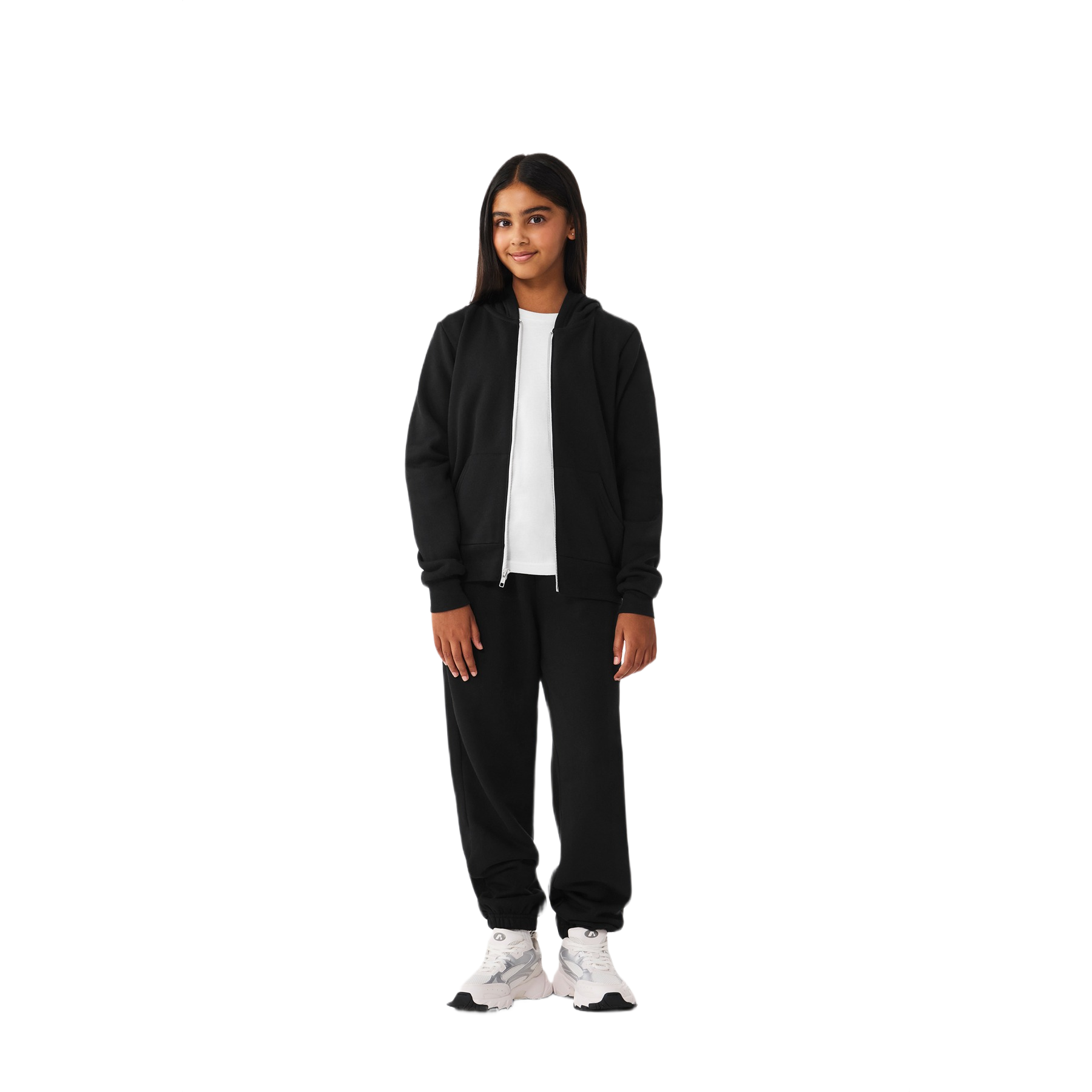 Black youth full-zip hooded sweatshirt with white zipper tape, kangaroo pockets, rib knit cuffs and hem, and a soft sponge fleece construction on a white background.