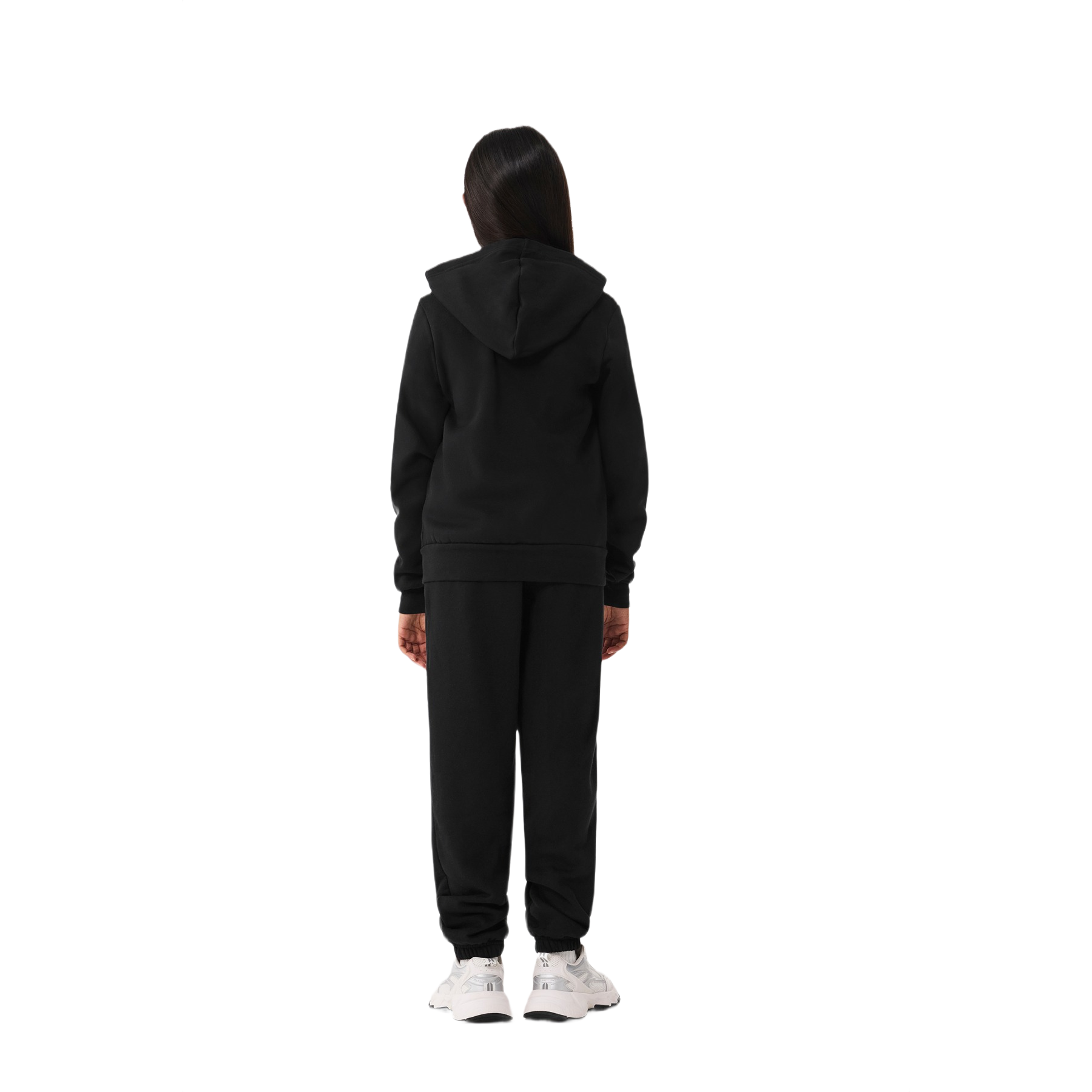 Black youth full-zip hooded sweatshirt with white zipper tape, kangaroo pockets, rib knit cuffs and hem, and a soft sponge fleece construction on a white background.