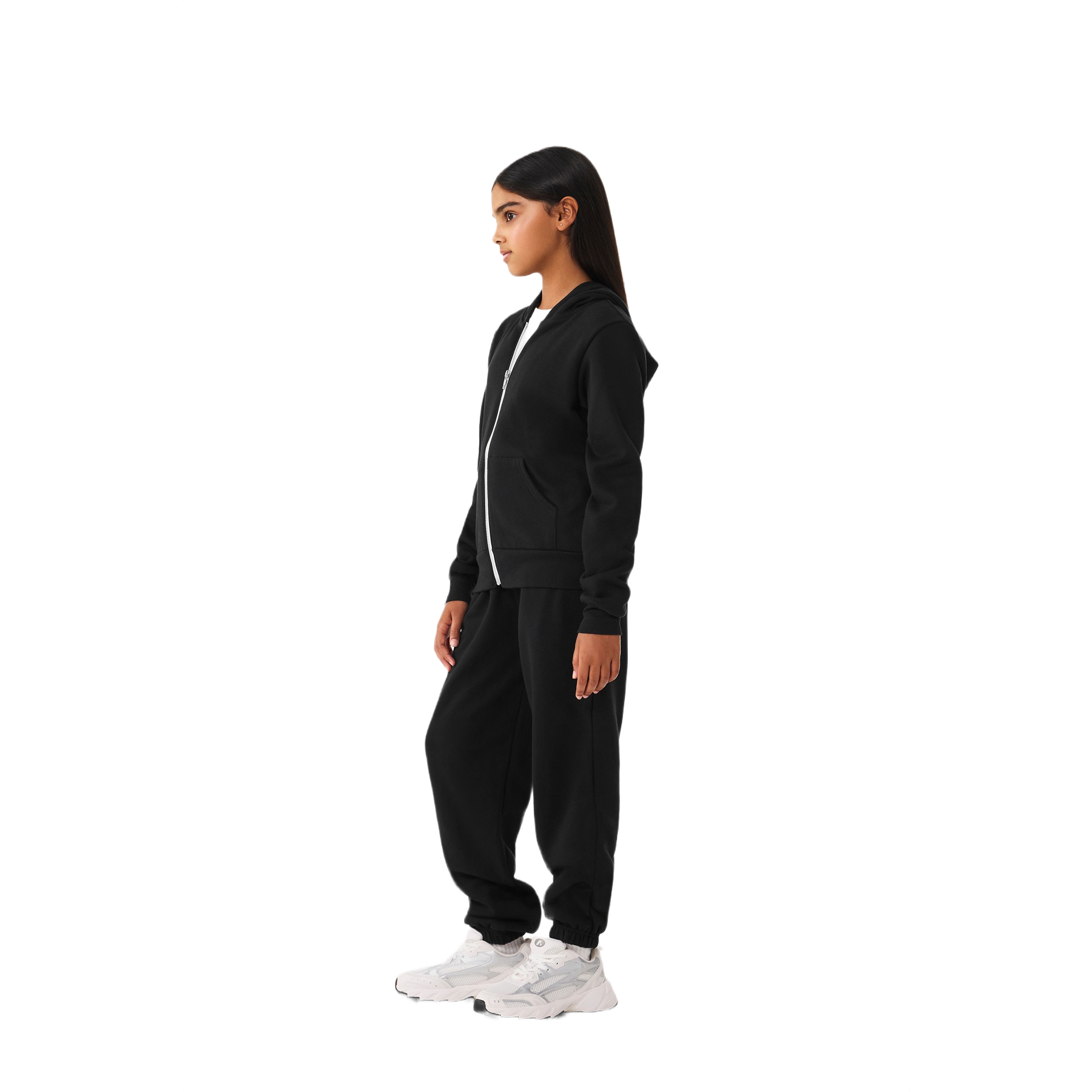 Black youth full-zip hooded sweatshirt with white zipper tape, kangaroo pockets, rib knit cuffs and hem, and a soft sponge fleece construction on a white background.