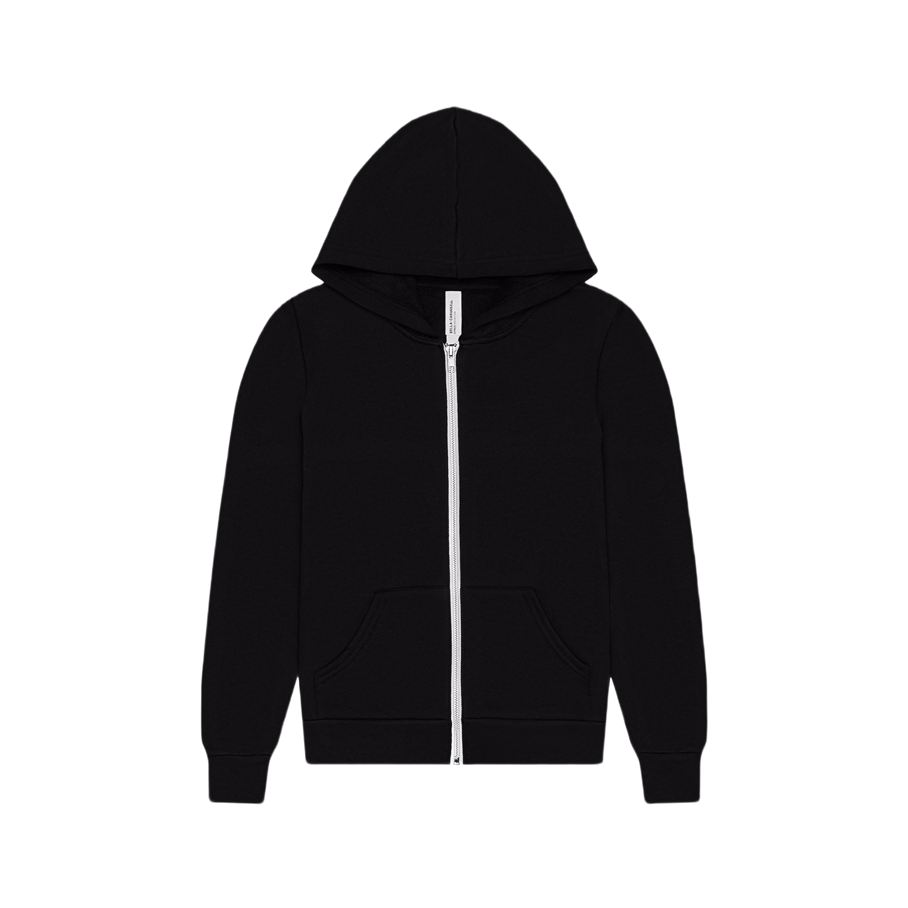 Black youth full-zip hooded sweatshirt with white zipper tape, kangaroo pockets, rib knit cuffs and hem, and a soft sponge fleece construction on a white background.