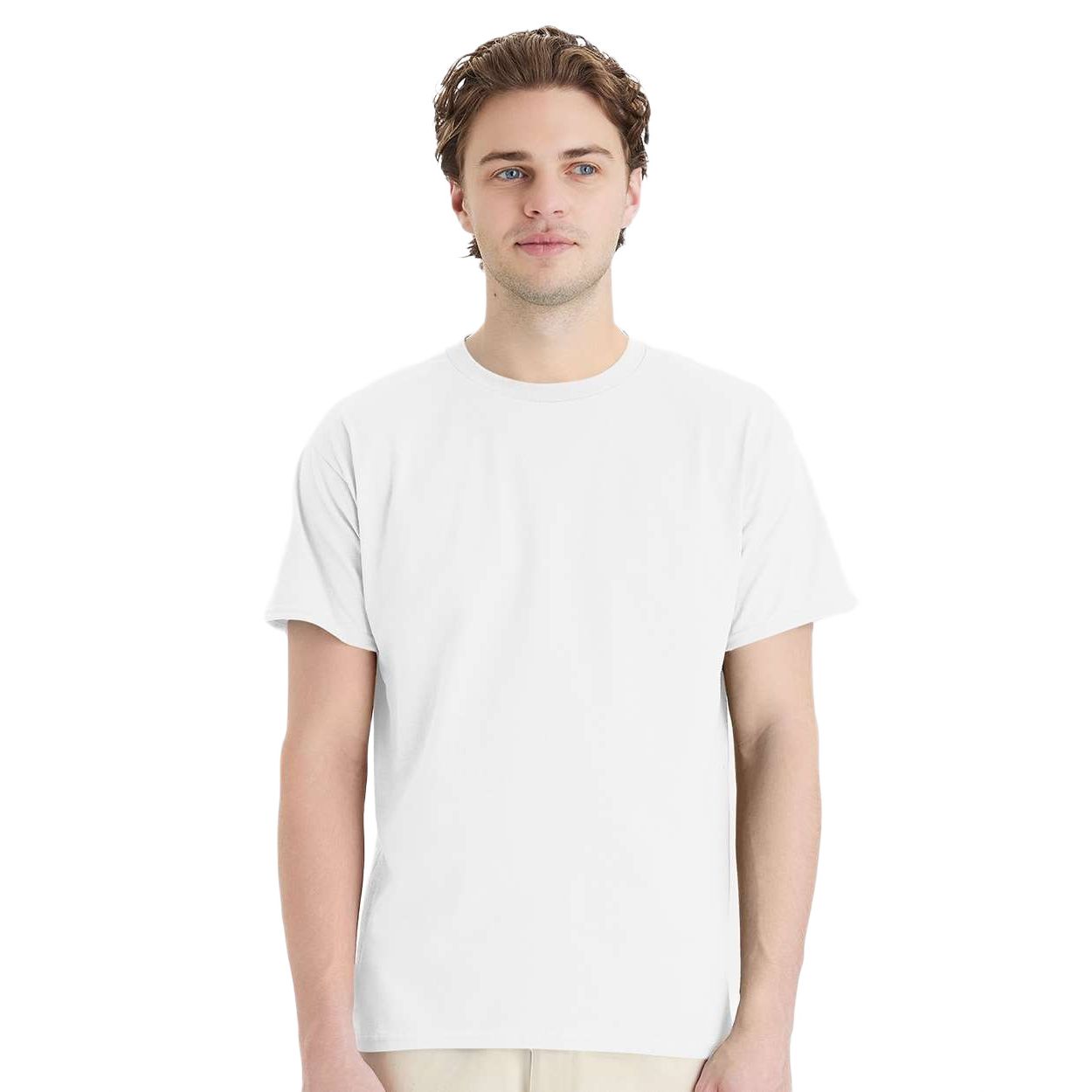 White classic crewneck short-sleeve cotton t-shirt with ribbed collar, tear-away label, and classic fit displayed on a white background.