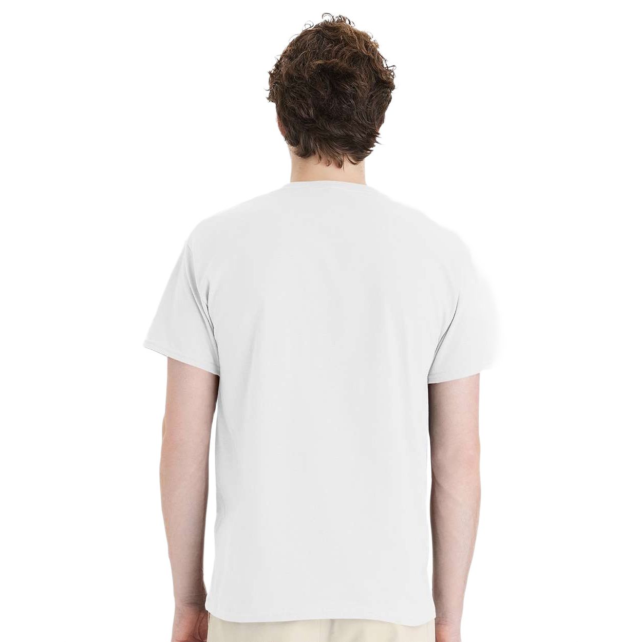 White classic crewneck short-sleeve cotton t-shirt with ribbed collar, tear-away label, and classic fit displayed on a white background.