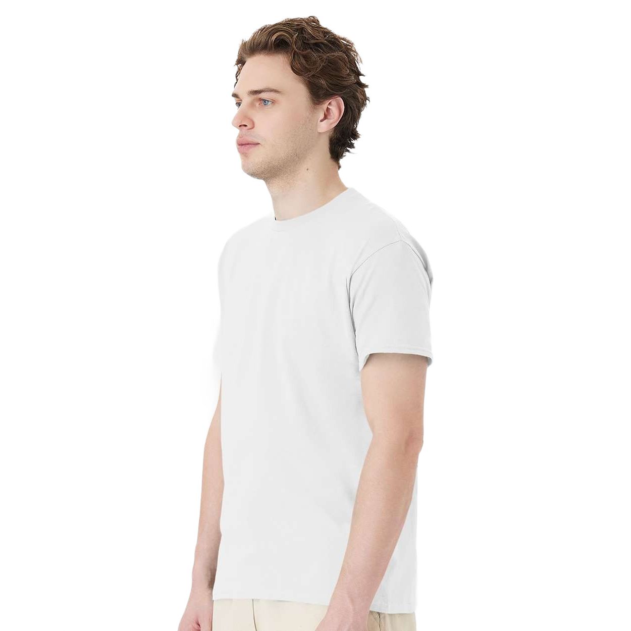 White classic crewneck short-sleeve cotton t-shirt with ribbed collar, tear-away label, and classic fit displayed on a white background.