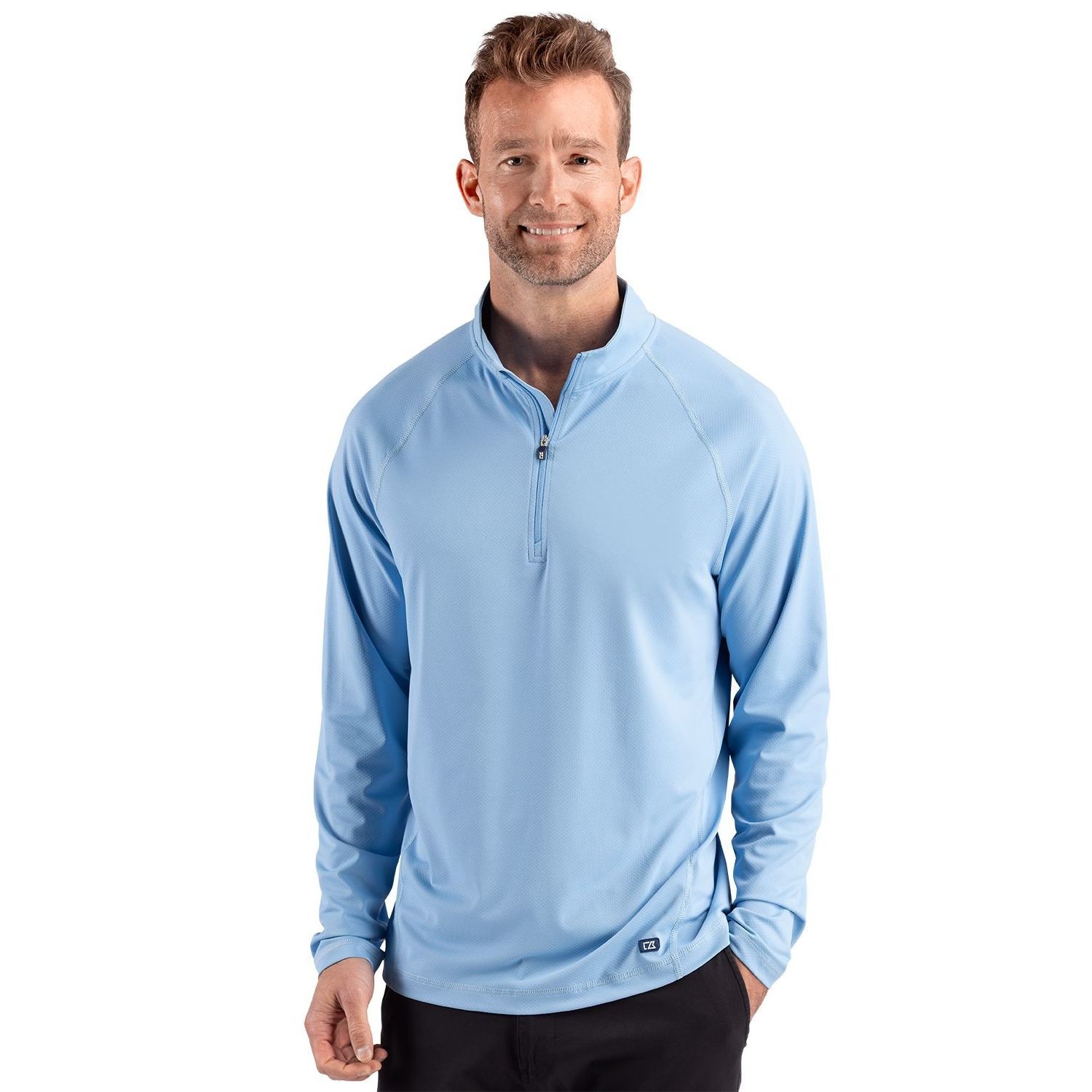 Atlas Cutter & Buck® Prospect Recycled Featherlight Stretch Men’s Quarter Zip in Alloy, featuring lightweight recycled featherlight stretch performance fabric, a mock neck with quarter-zip closure, long raglan sleeves, and a modern athletic fit for golf, travel, outdoor activities, and everyday layering.
