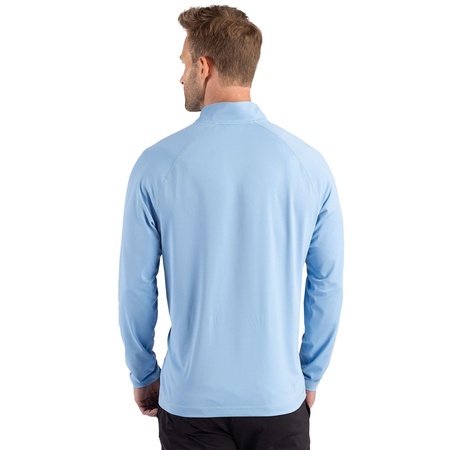 Atlas Cutter & Buck® Prospect Recycled Featherlight Stretch Men’s Quarter Zip in Alloy, featuring lightweight recycled featherlight stretch performance fabric, a mock neck with quarter-zip closure, long raglan sleeves, and a modern athletic fit for golf, travel, outdoor activities, and everyday layering.