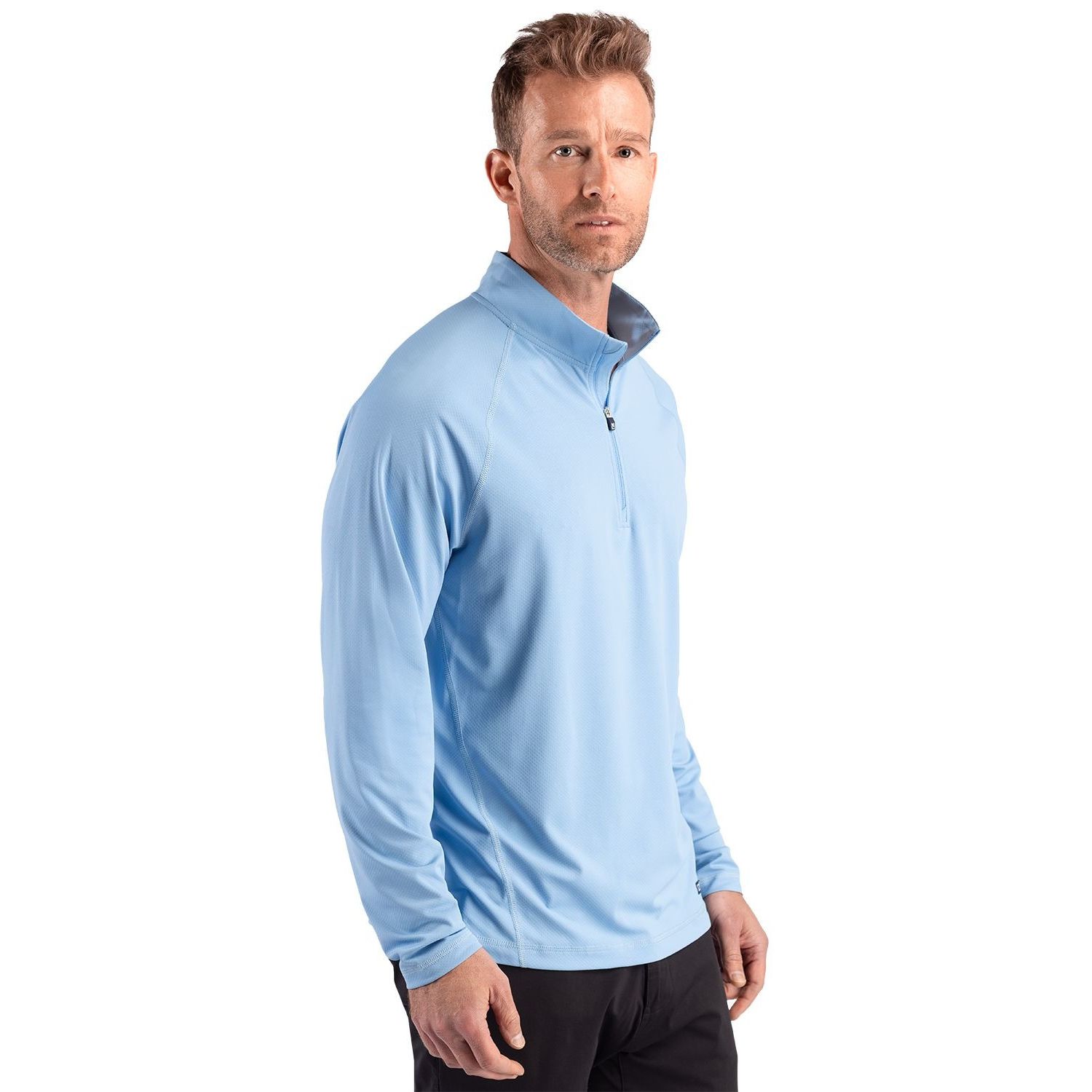 Atlas Cutter & Buck® Prospect Recycled Featherlight Stretch Men’s Quarter Zip in Alloy, featuring lightweight recycled featherlight stretch performance fabric, a mock neck with quarter-zip closure, long raglan sleeves, and a modern athletic fit for golf, travel, outdoor activities, and everyday layering.