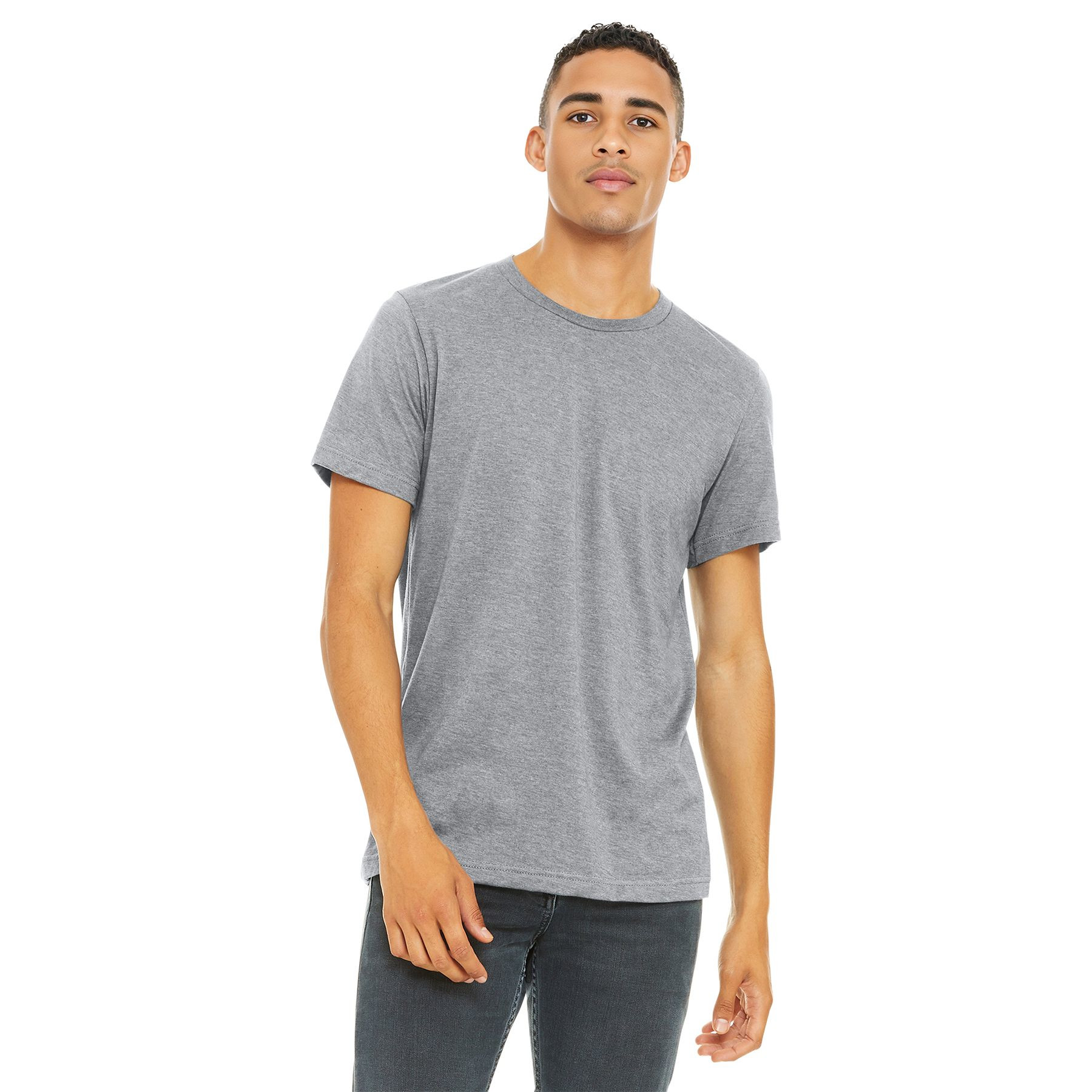 Athletic Heather BELLA+CANVAS® Unisex Heather CVC Short Sleeve Tee, featuring a soft heathered cotton-blend fabric, classic crew neckline, short sleeves, side-seamed construction, and a modern retail fit for everyday wear, casual layering, and custom decoration.