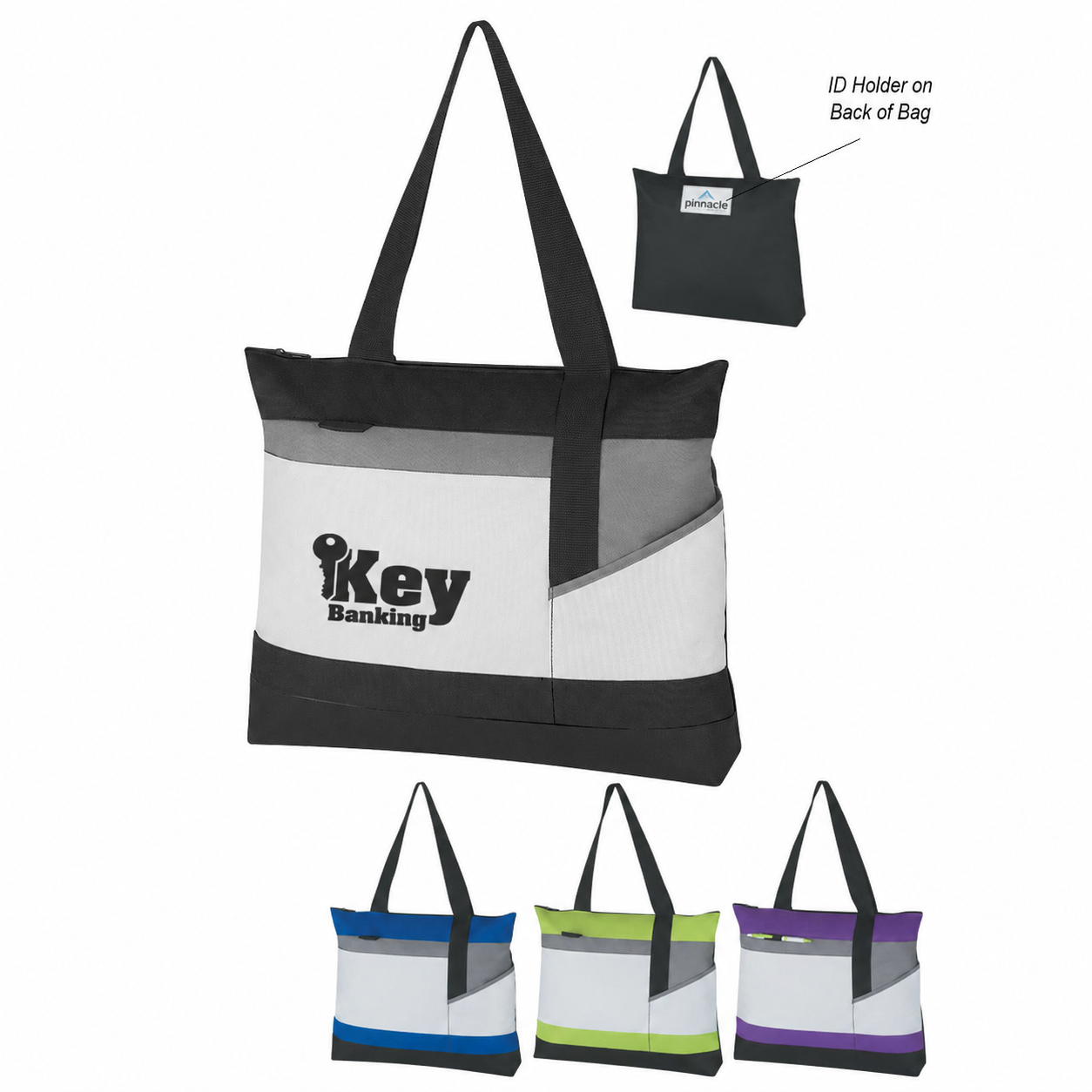 Polyester tote bag featuring a zippered main compartment, front pocket, ID holder, attachment loop for keys or a pen, and long carry handles for everyday use.