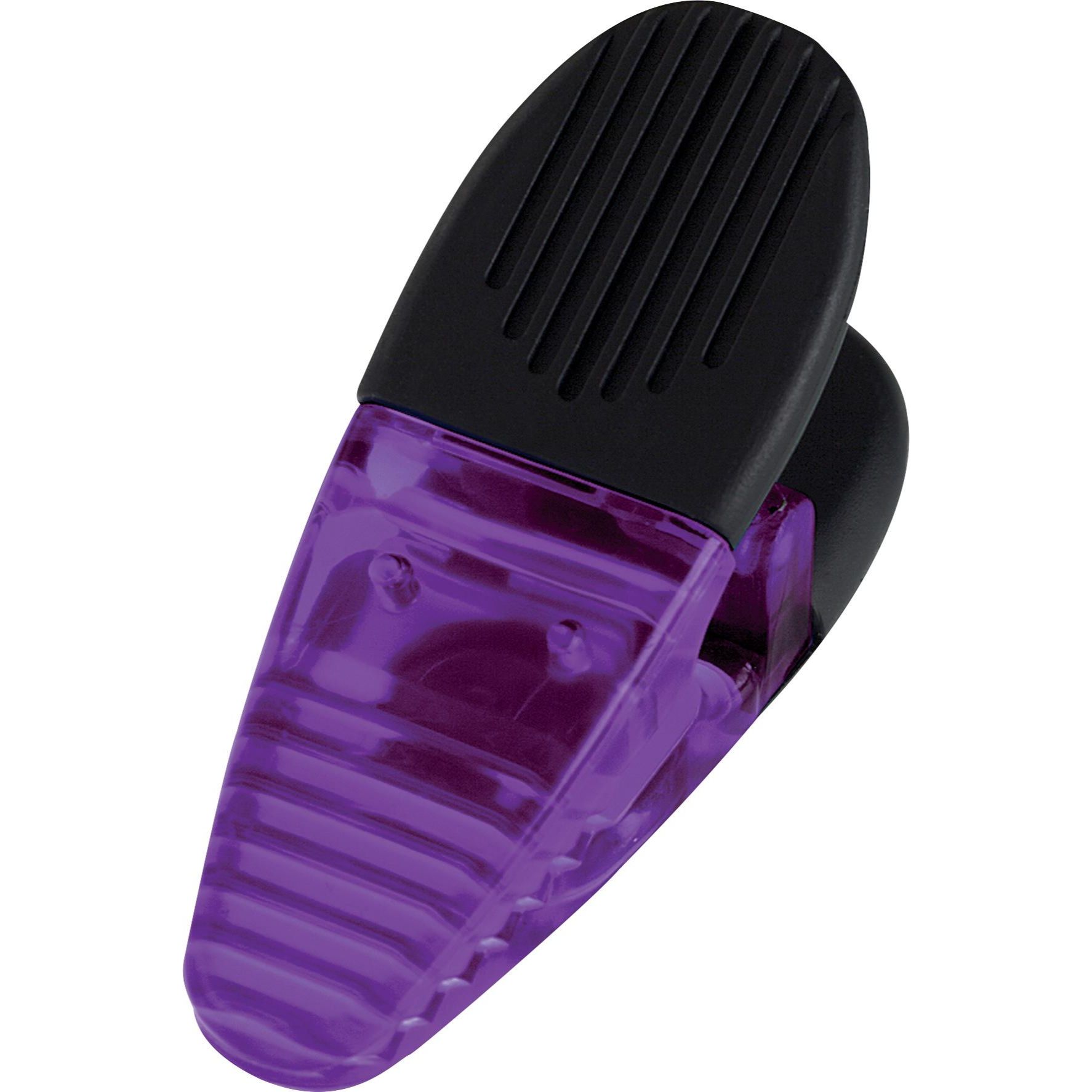 Transparent purple magnetic memo clip with a heavy-duty spring-loaded hinge, magnetic backing, and rubberized grip for holding notes, photos, and documents.