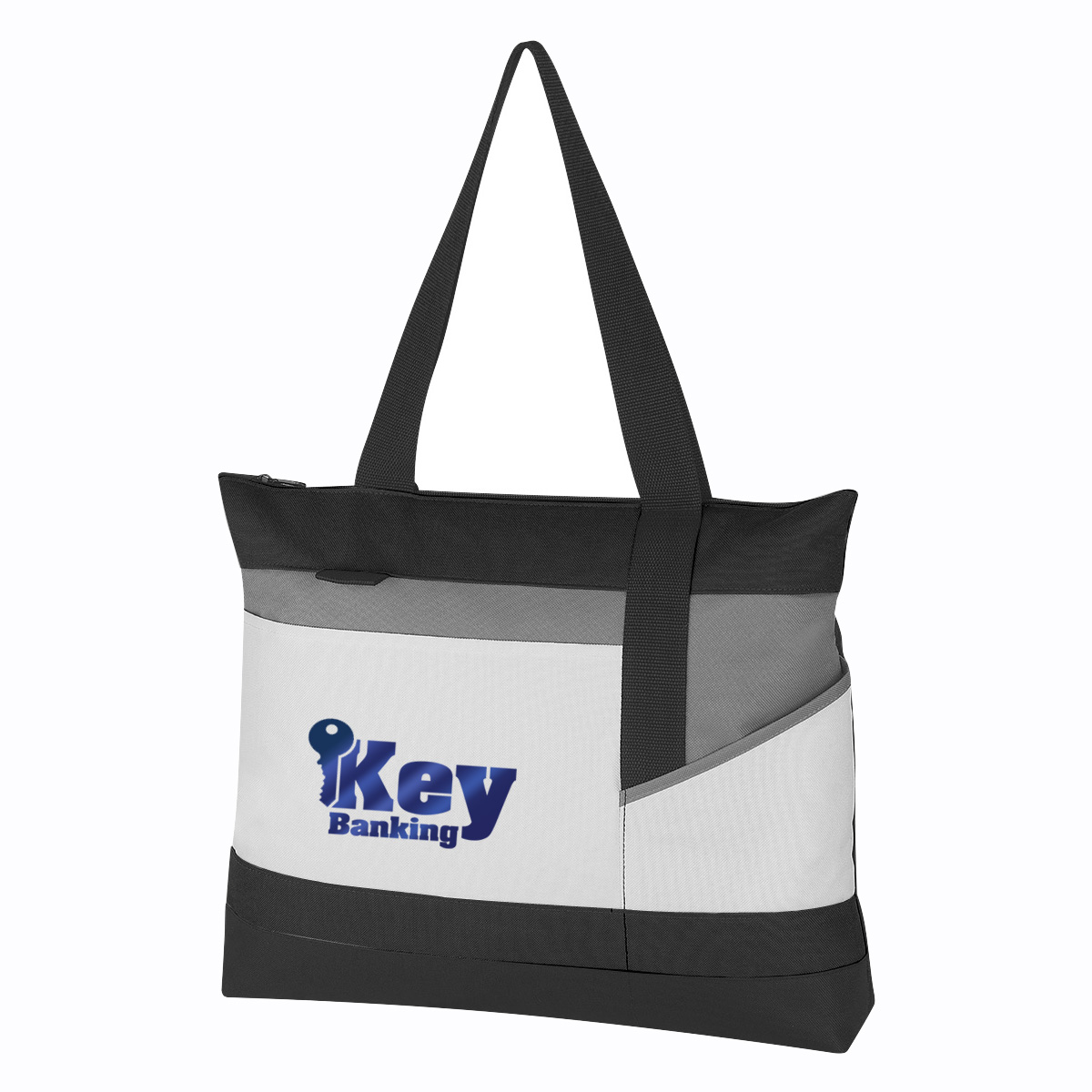 Black Polyester tote bag featuring a zippered main compartment, front pocket, ID holder, attachment loop for keys or a pen, and long carry handles for everyday use.