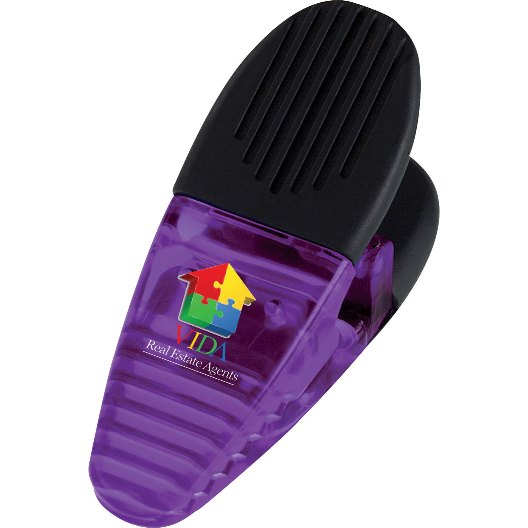 Transparent purple magnetic memo clip with a heavy-duty spring-loaded hinge, magnetic backing, and rubberized grip for holding notes, photos, and documents.