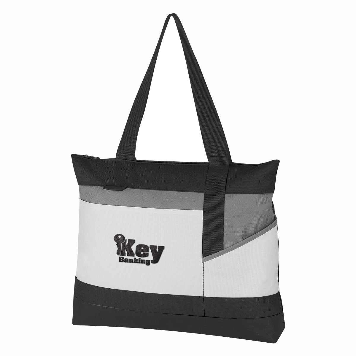 Black Polyester tote bag featuring a zippered main compartment, front pocket, ID holder, attachment loop for keys or a pen, and long carry handles for everyday use.