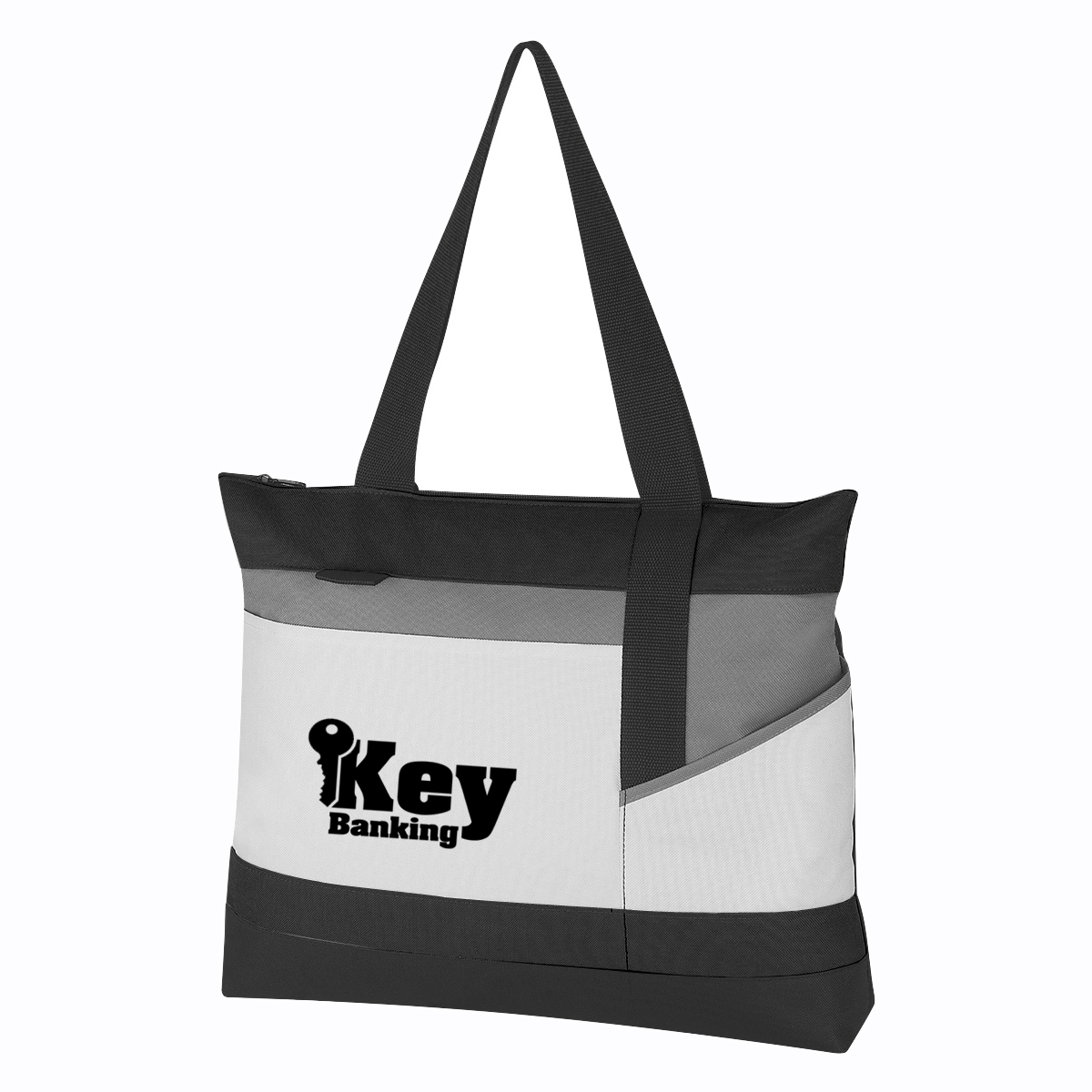 Black Polyester tote bag featuring a zippered main compartment, front pocket, ID holder, attachment loop for keys or a pen, and long carry handles for everyday use.