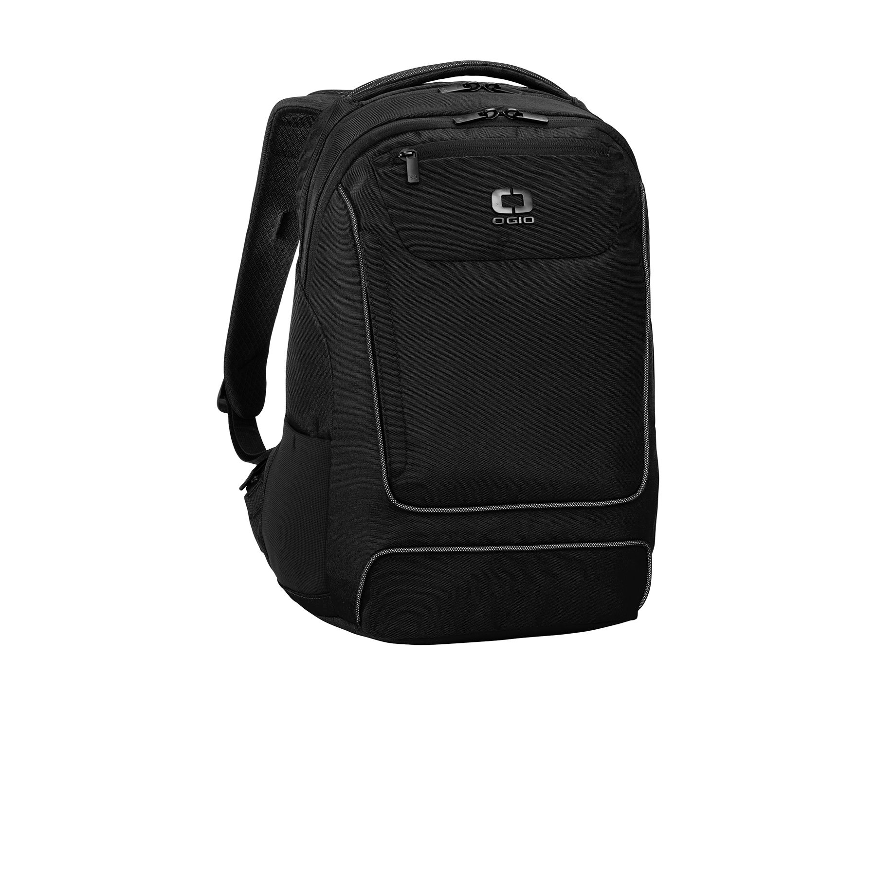 Black backpack made from durable 840D poly two-tone PU with a padded laptop compartment, fleece-lined tablet sleeve, dual side mesh pockets, ergonomic shoulder straps, and reflective accents.