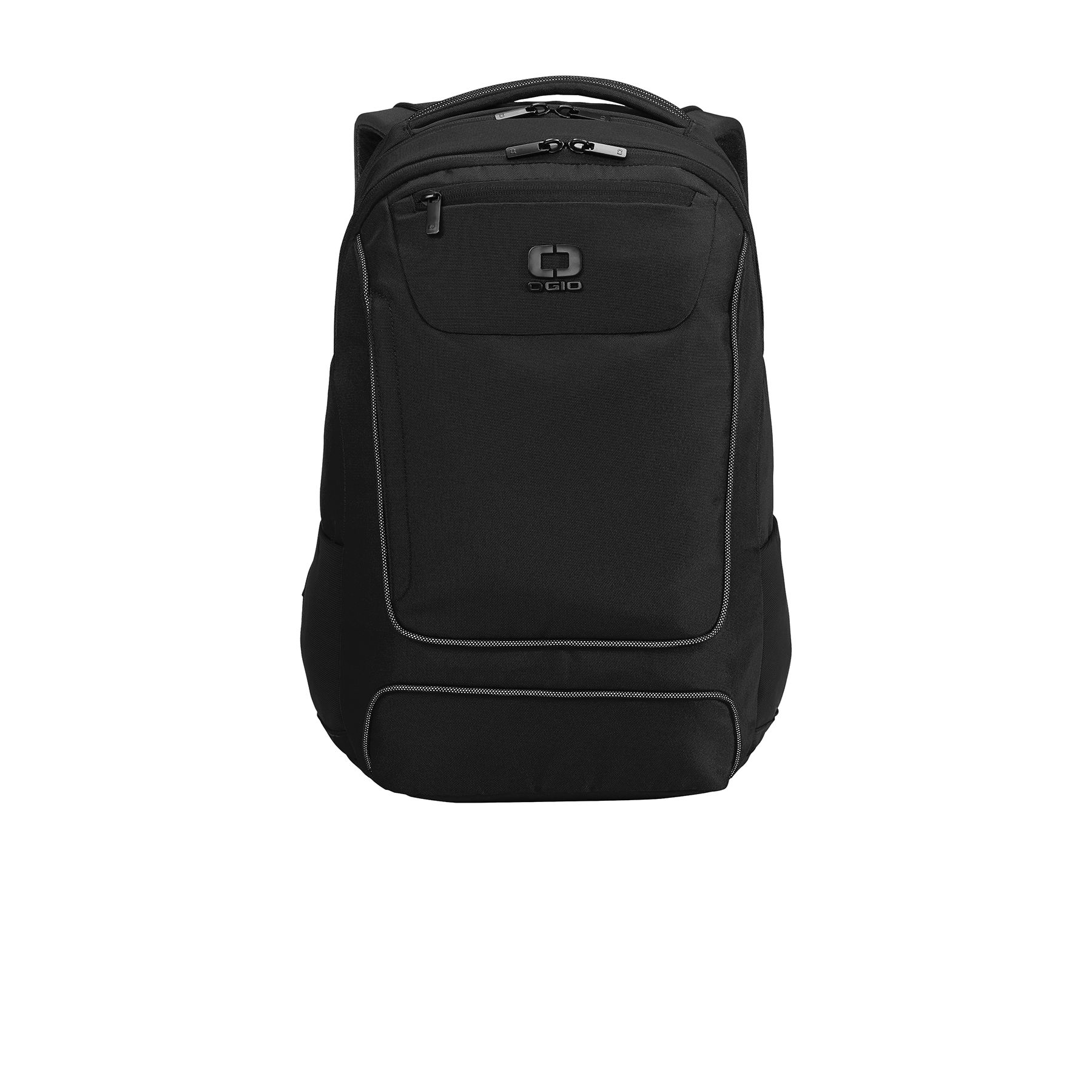 Black backpack made from durable 840D poly two-tone PU with a padded laptop compartment, fleece-lined tablet sleeve, dual side mesh pockets, ergonomic shoulder straps, and reflective accents.