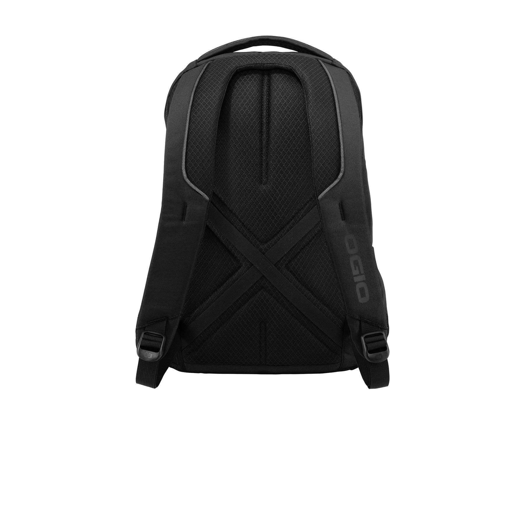 Black backpack made from durable 840D poly two-tone PU with a padded laptop compartment, fleece-lined tablet sleeve, dual side mesh pockets, ergonomic shoulder straps, and reflective accents.