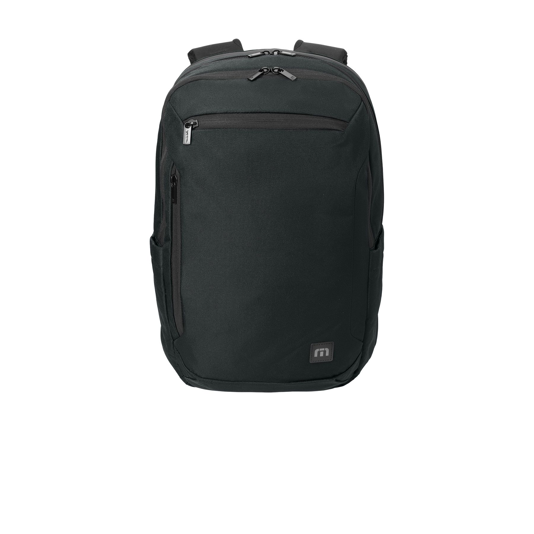 Black backpack made from durable 600D polyester with a water-repellent finish, padded laptop compartment, tricot-lined valuables pocket, side water bottle sleeves, and interior tech organizers.