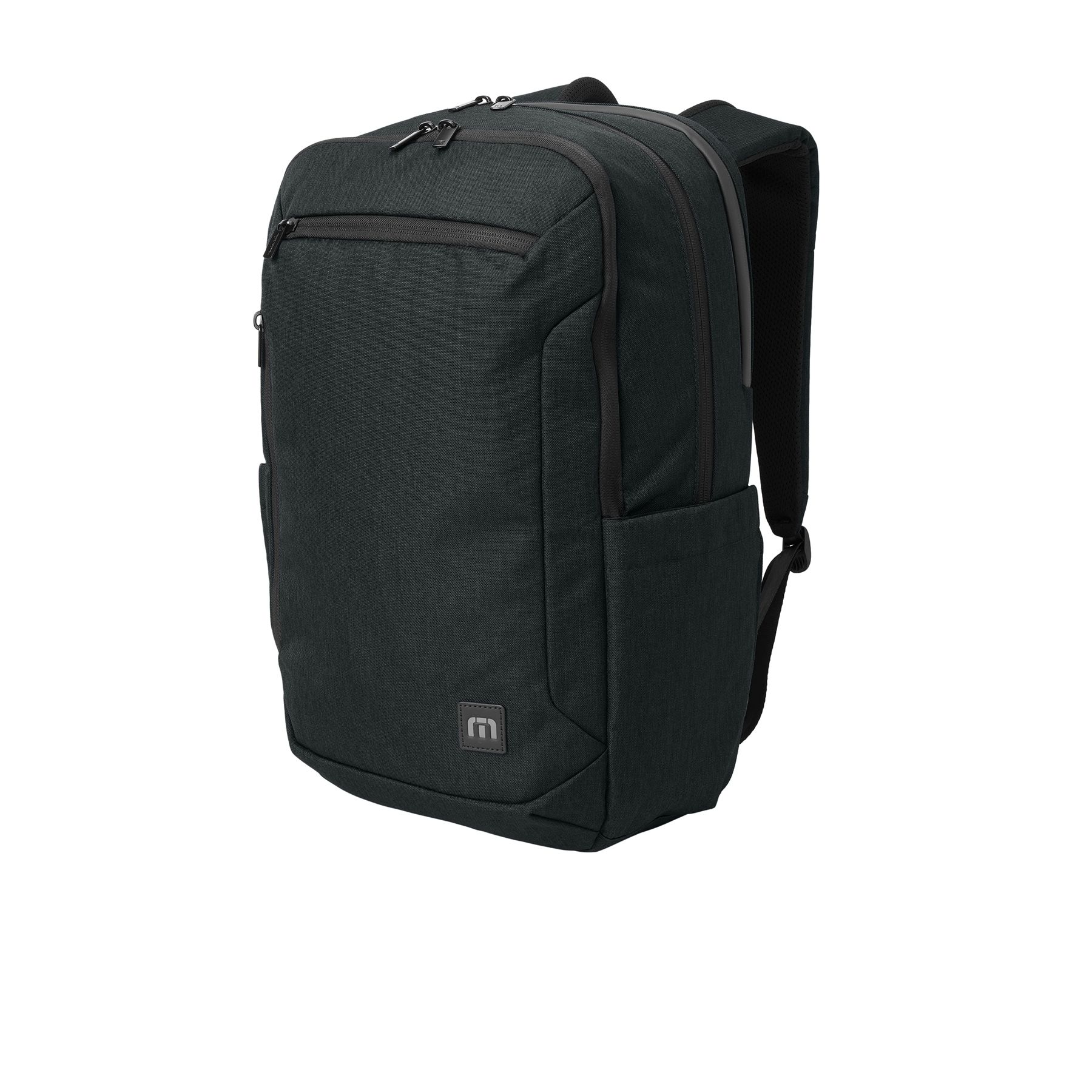 Black backpack made from durable 600D polyester with a water-repellent finish, padded laptop compartment, tricot-lined valuables pocket, side water bottle sleeves, and interior tech organizers.
