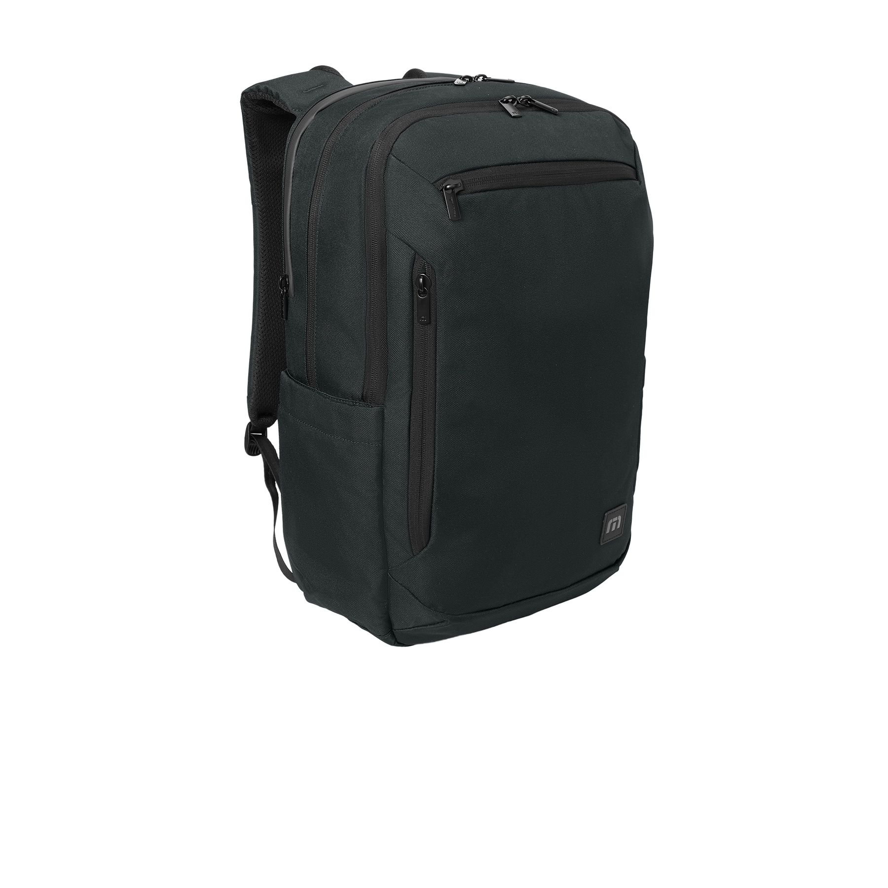 Black backpack made from durable 600D polyester with a water-repellent finish, padded laptop compartment, tricot-lined valuables pocket, side water bottle sleeves, and interior tech organizers.