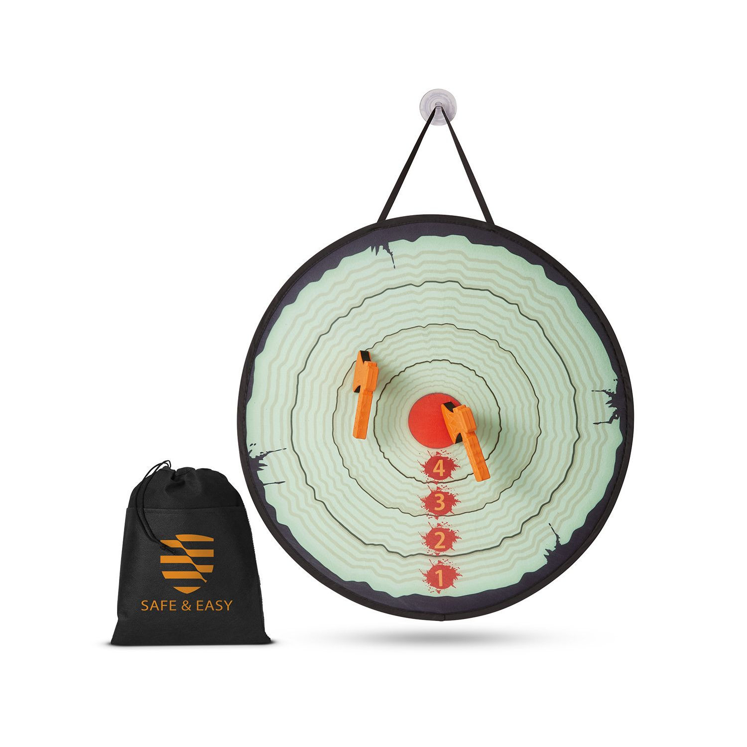 Black b.active Foam Axe Throwing Game, featuring a foldable target with high-visibility scoring rings, two colorful foam axes with hook-and-loop tips, and a portable storage bag for safe indoor and outdoor target games, backyard fun, and family activities.