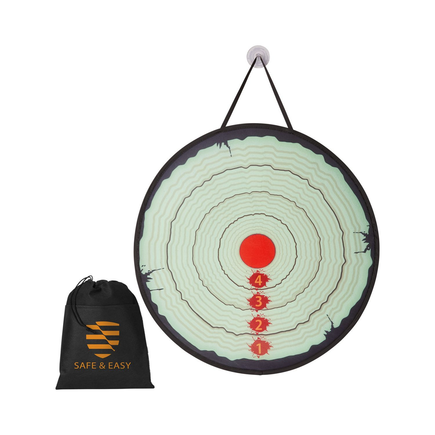 Black b.active Foam Axe Throwing Game, featuring a foldable target with high-visibility scoring rings, two colorful foam axes with hook-and-loop tips, and a portable storage bag for safe indoor and outdoor target games, backyard fun, and family activities.