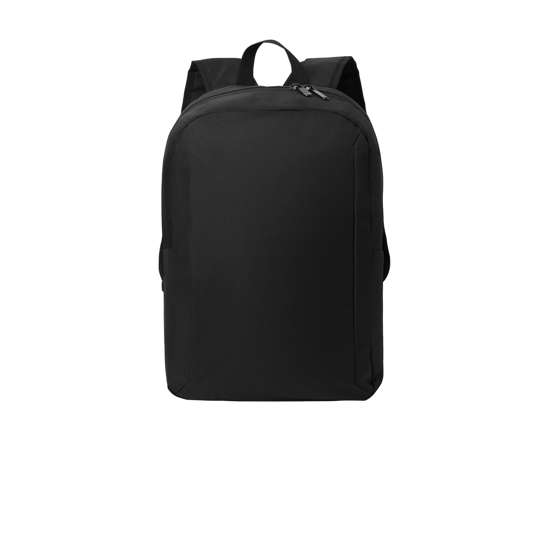 Black backpack made from durable 300D polyester twill with PVC backing, featuring a zippered main compartment, front zippered pocket, dedicated laptop sleeve, adjustable shoulder straps, and matte metal zipper pulls.