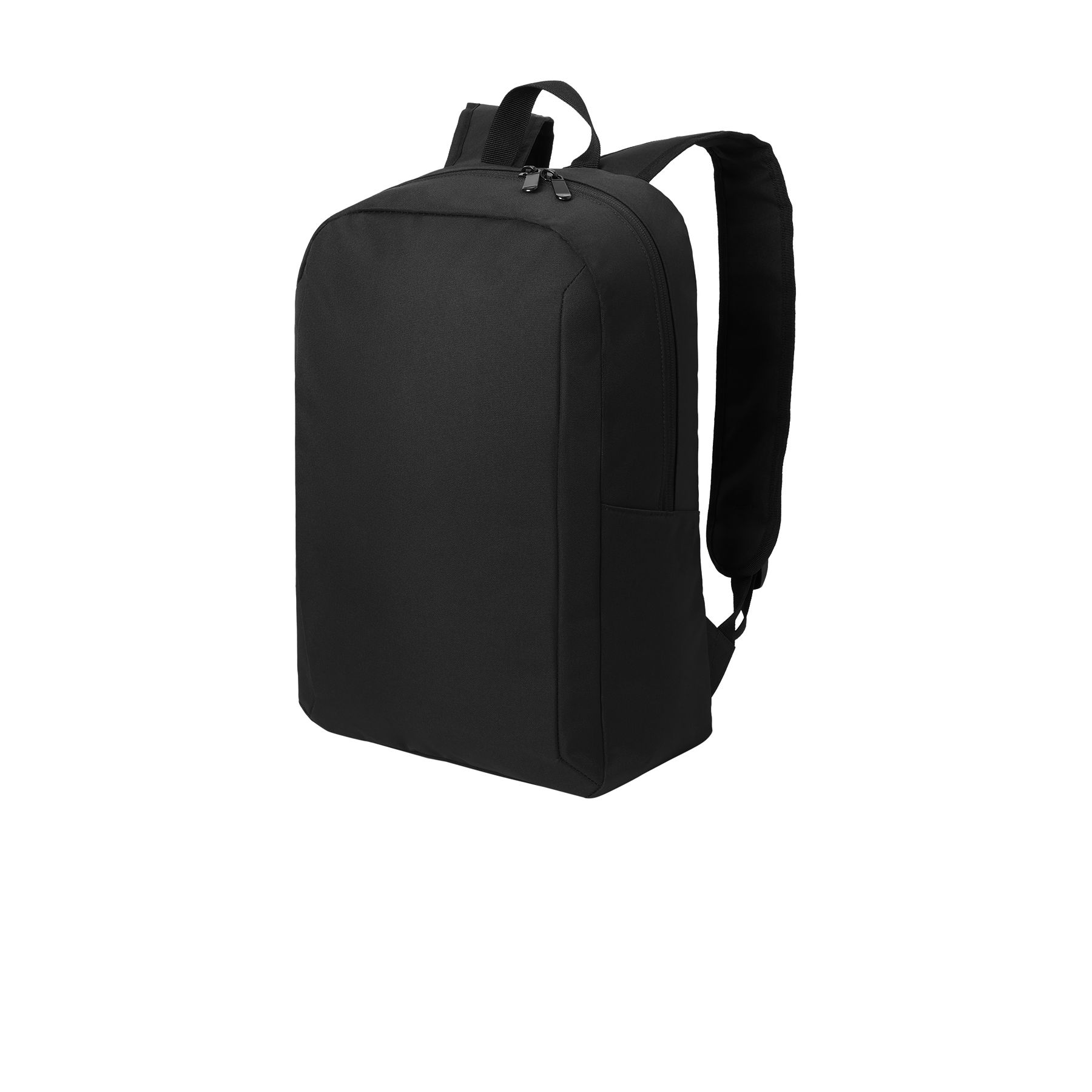Black backpack made from durable 300D polyester twill with PVC backing, featuring a zippered main compartment, front zippered pocket, dedicated laptop sleeve, adjustable shoulder straps, and matte metal zipper pulls.