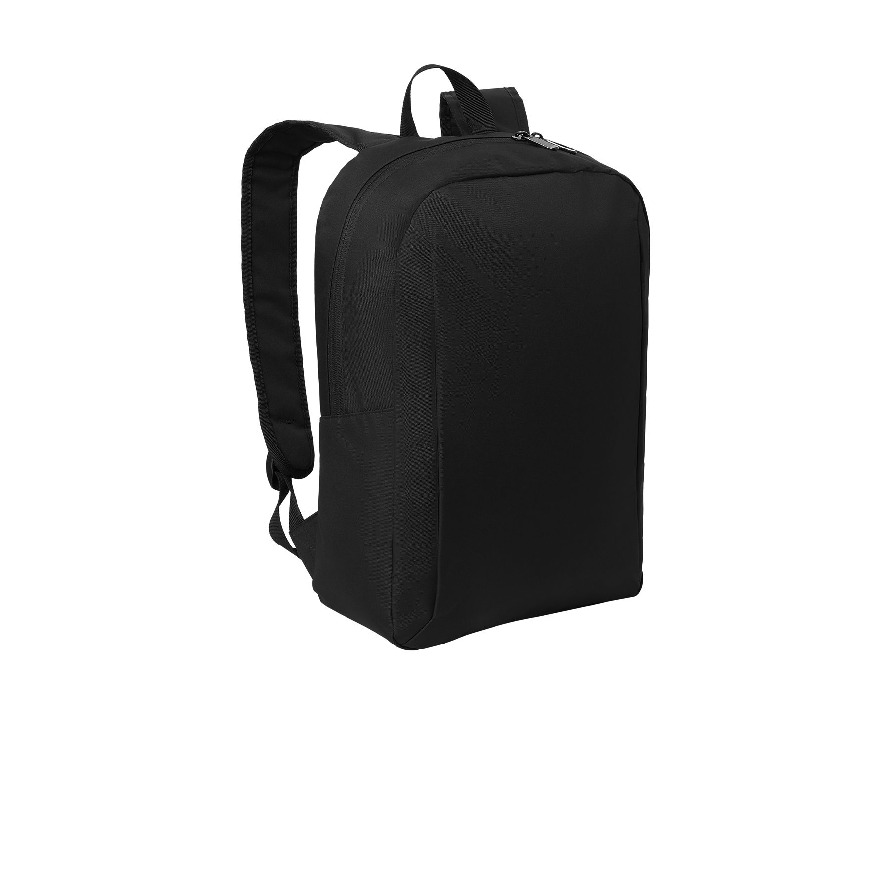 Black backpack made from durable 300D polyester twill with PVC backing, featuring a zippered main compartment, front zippered pocket, dedicated laptop sleeve, adjustable shoulder straps, and matte metal zipper pulls.