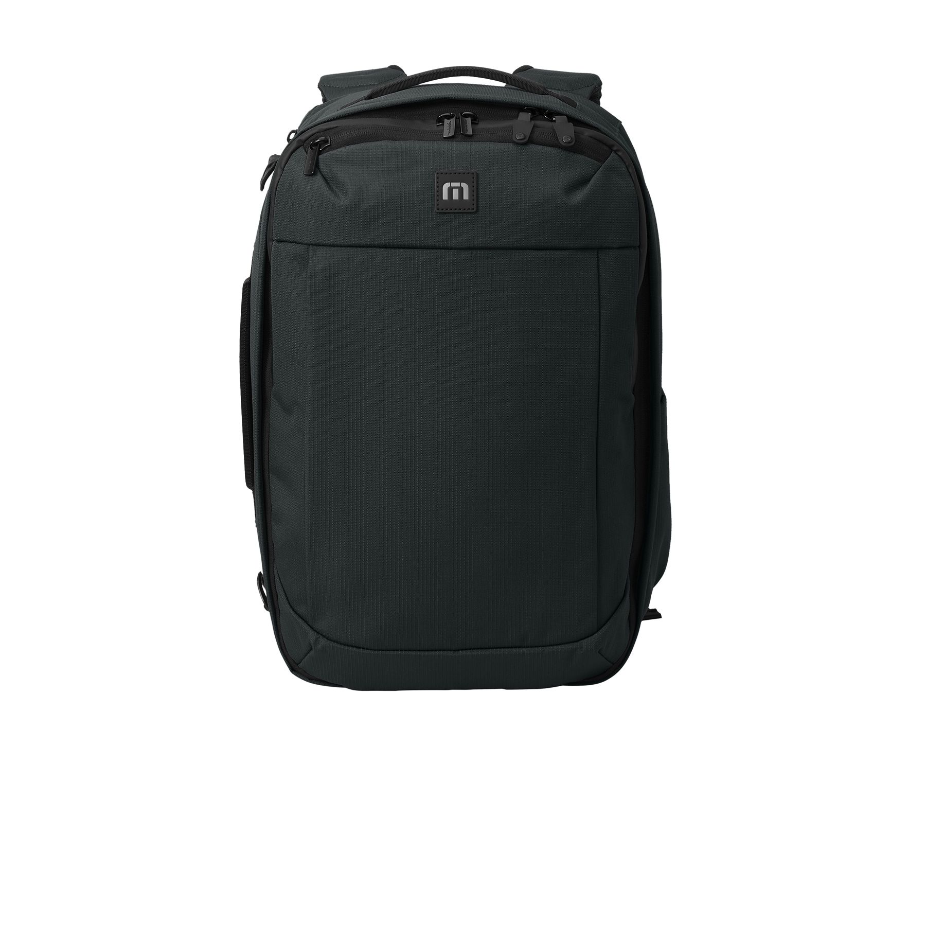 Black convertible backpack made from durable poly mini ripstop with a water-repellent finish, side carry handle, padded laptop compartment, concealed backpack straps, and luggage trolley pass-through.