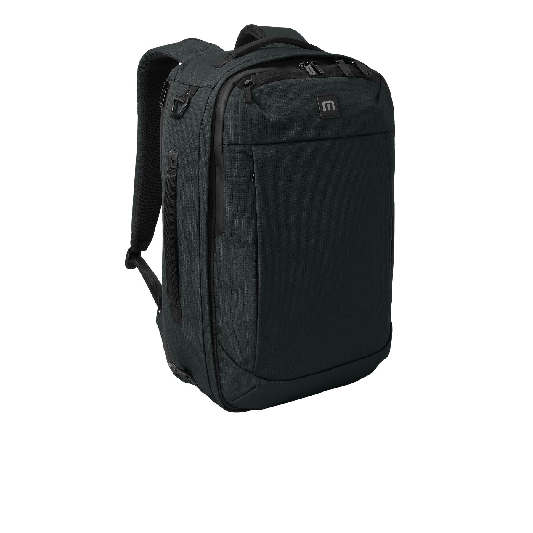 Black convertible backpack made from durable poly mini ripstop with a water-repellent finish, side carry handle, padded laptop compartment, concealed backpack straps, and luggage trolley pass-through.