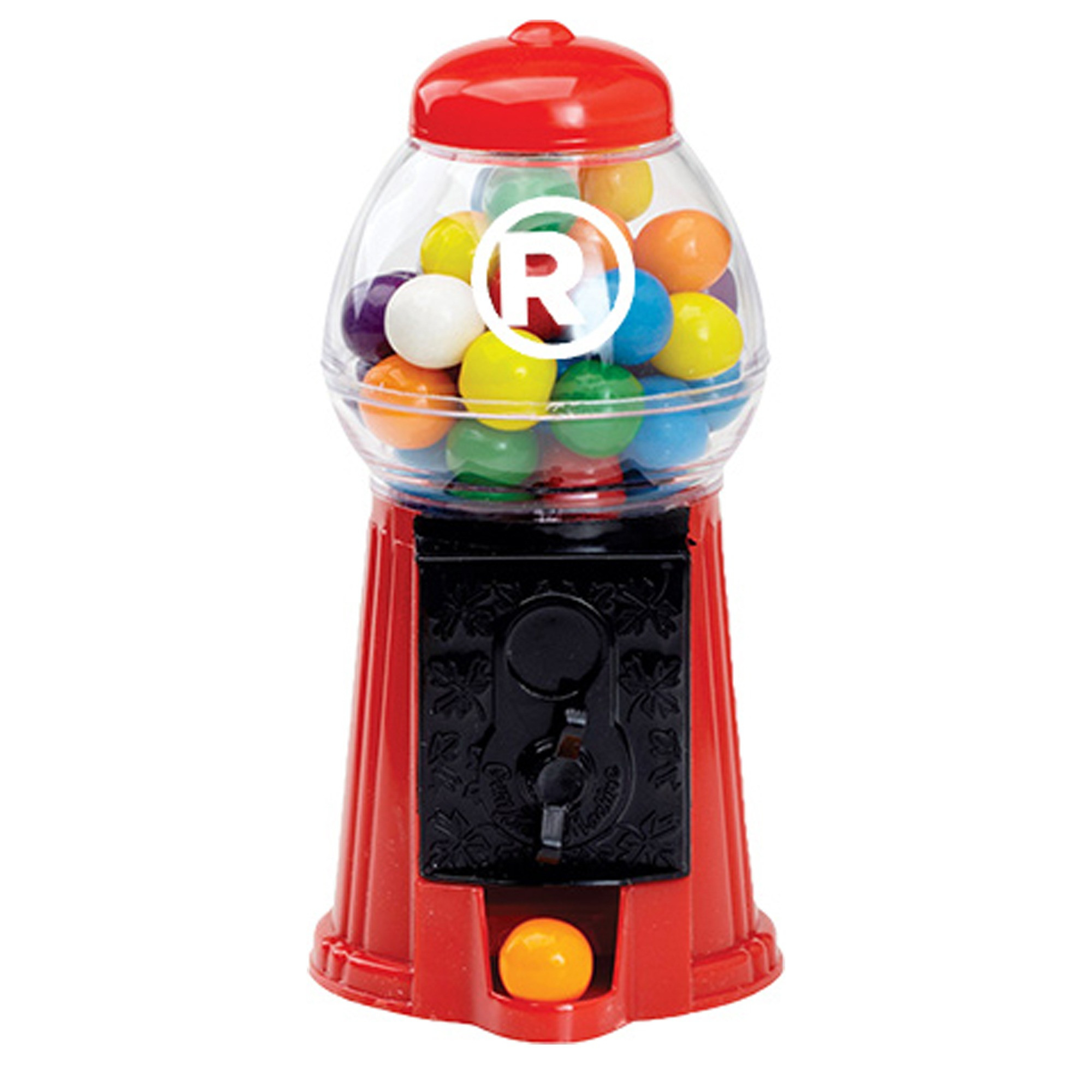 Red 6.25" Mini Gumball Machine, featuring a classic red base with a clear globe, silver-tone dispensing knob, and compact retro-style plastic design for holding small gumballs or candy as a desktop display, party favor, or promotional giveaway.