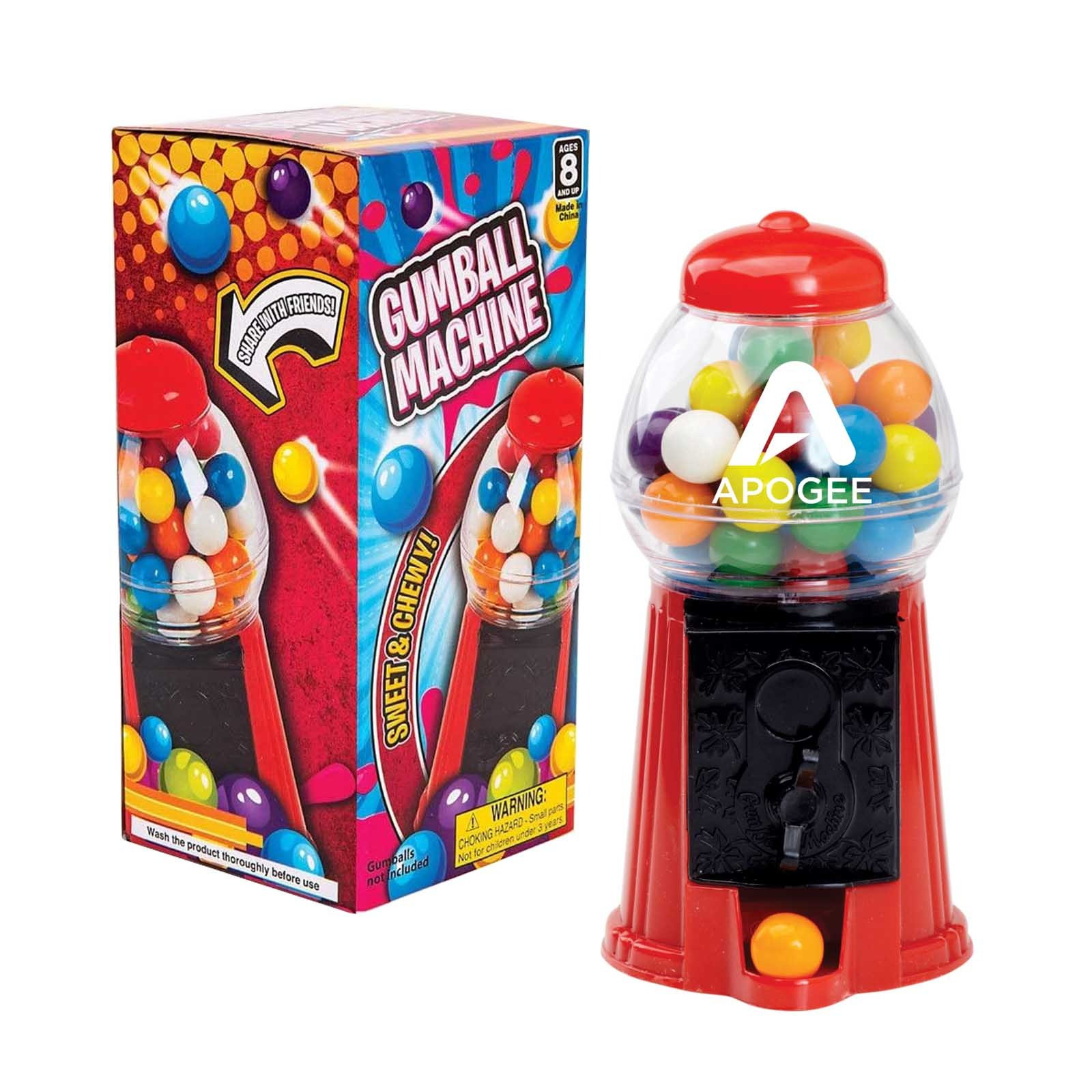 Red 6.25" Mini Gumball Machine, featuring a classic red base with a clear globe, silver-tone dispensing knob, and compact retro-style plastic design for holding small gumballs or candy as a desktop display, party favor, or promotional giveaway.