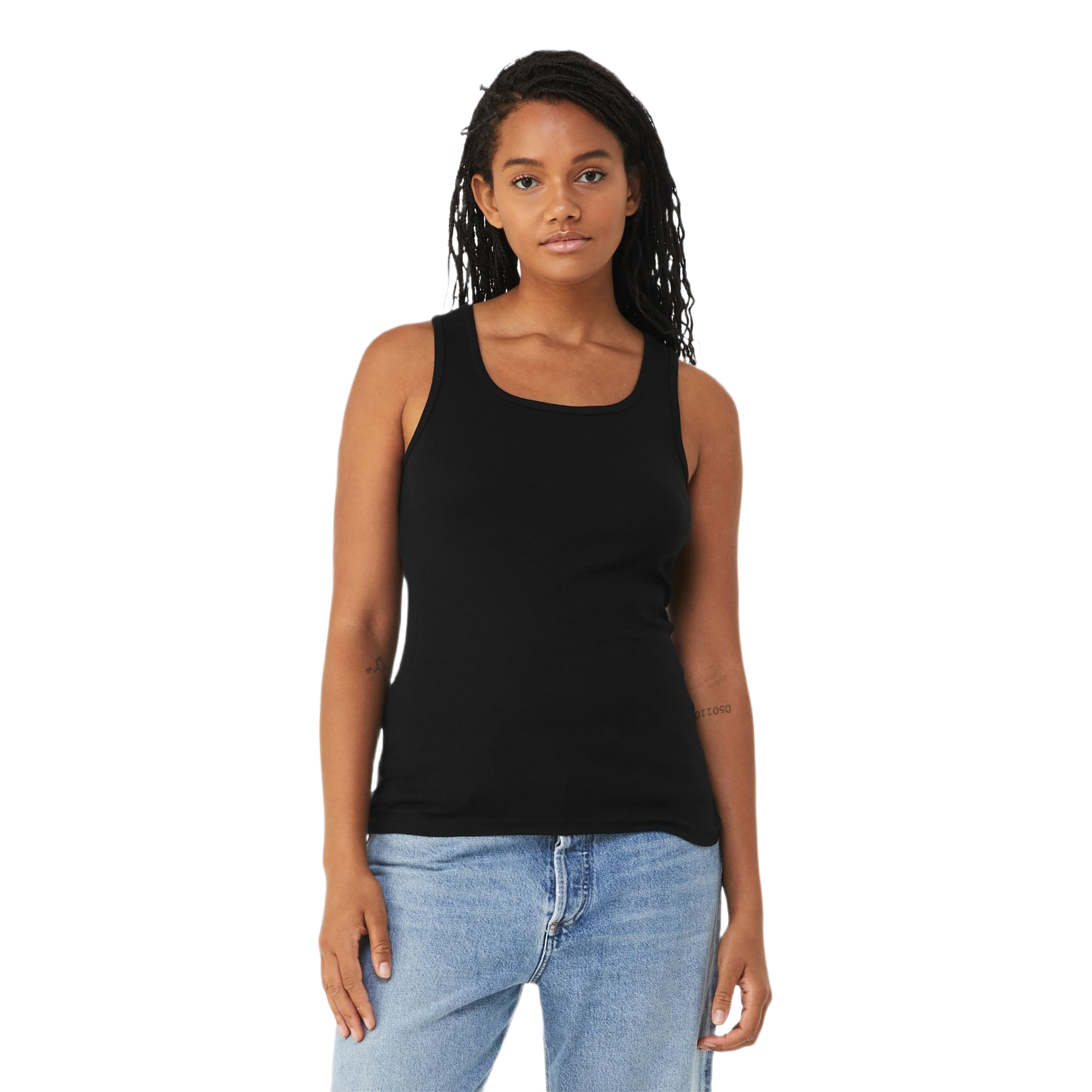 Black women's ribbed tank with a slim fit, sleeveless design, and soft cotton construction displayed on a white background.