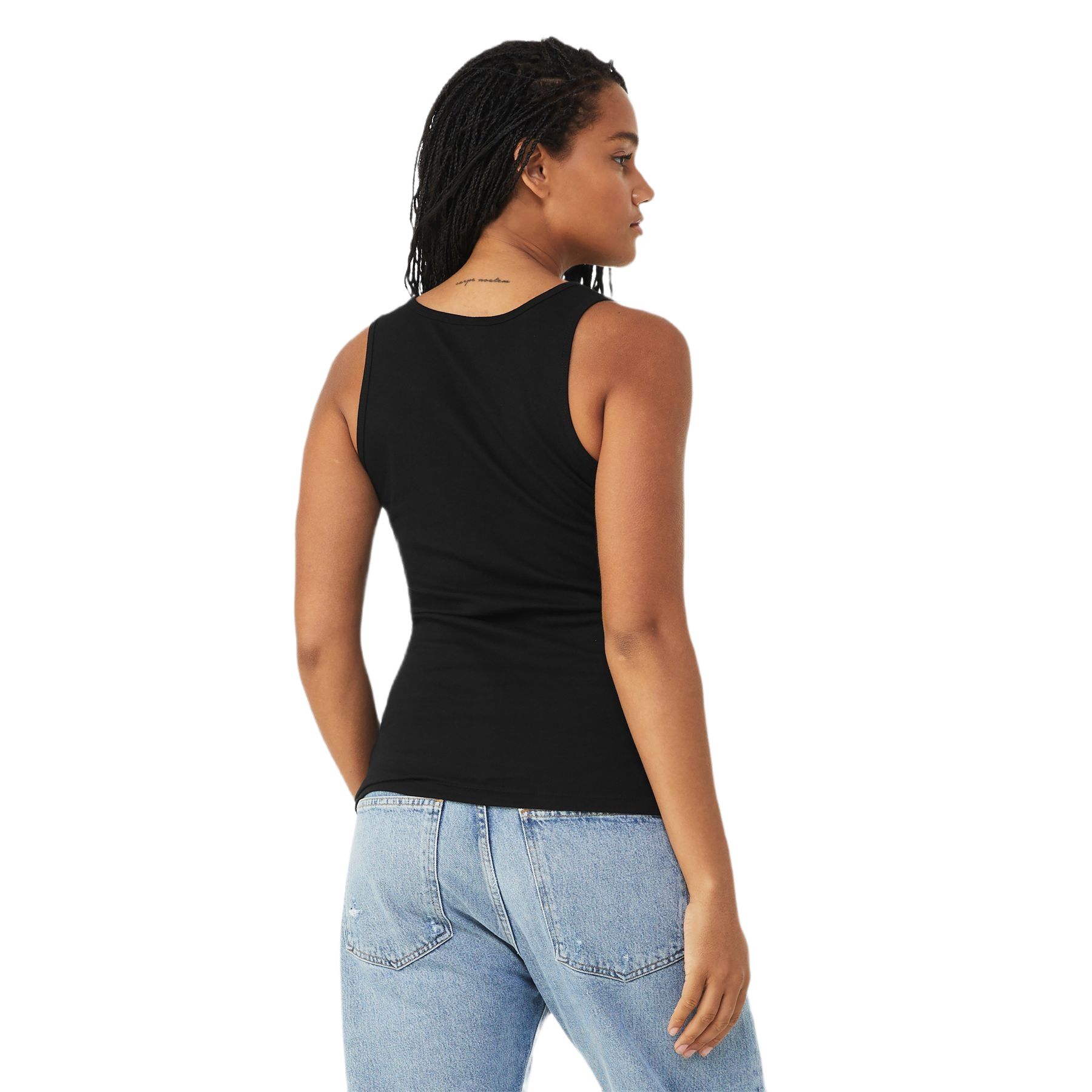 Black women's ribbed tank with a slim fit, sleeveless design, and soft cotton construction displayed on a white background.
