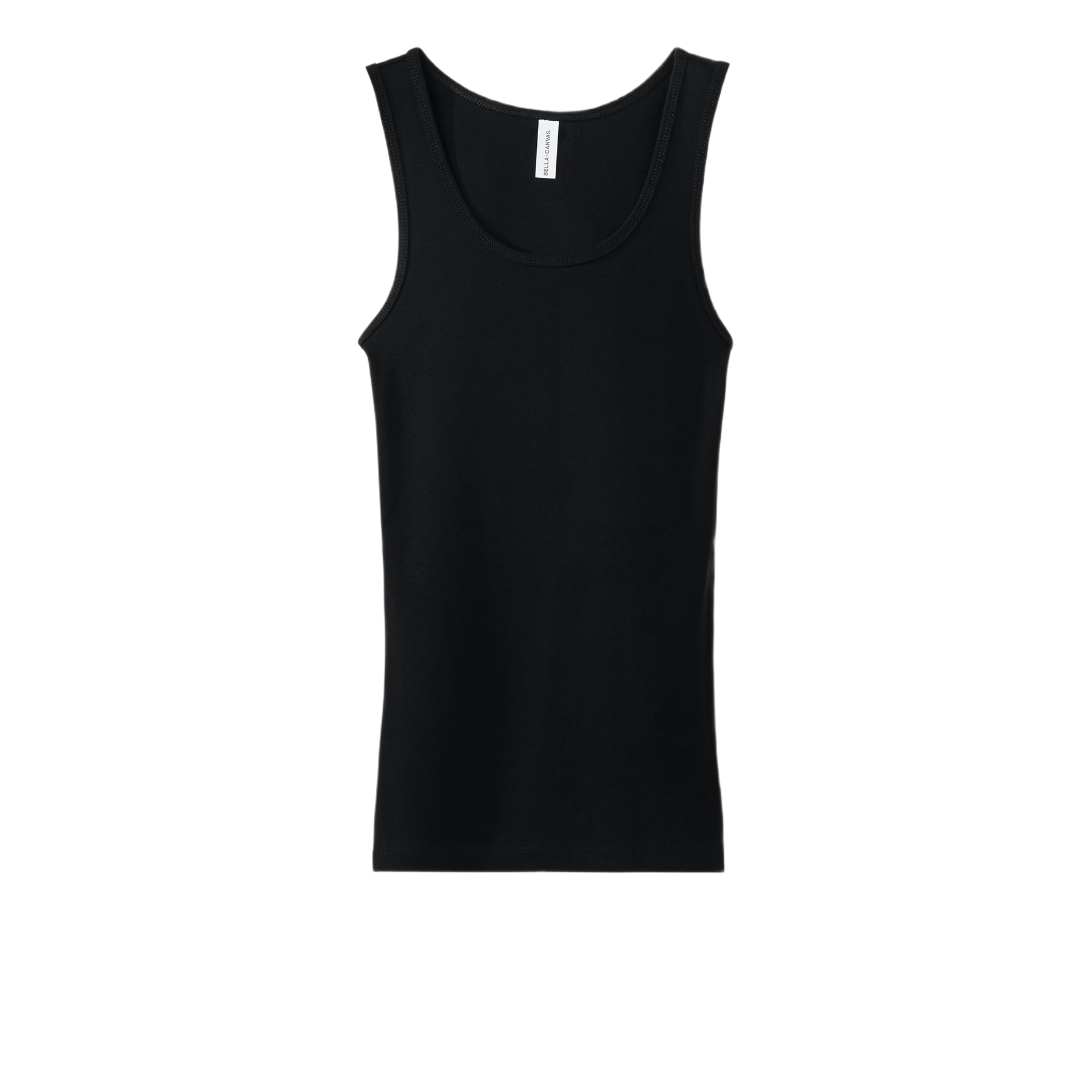 Black women's ribbed tank with a slim fit, sleeveless design, and soft cotton construction displayed on a white background.