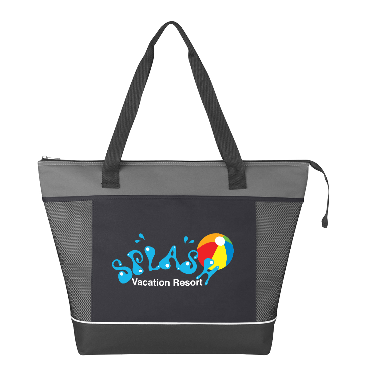 Insulated cooler tote bag featuring a zippered main compartment, PEVA lining, front hook-and-loop pocket, and long web carry handles for keeping food and drinks cool.