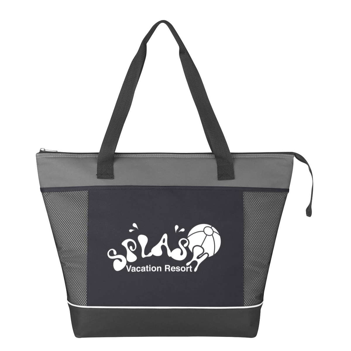 Insulated cooler tote bag featuring a zippered main compartment, PEVA lining, front hook-and-loop pocket, and long web carry handles for keeping food and drinks cool.