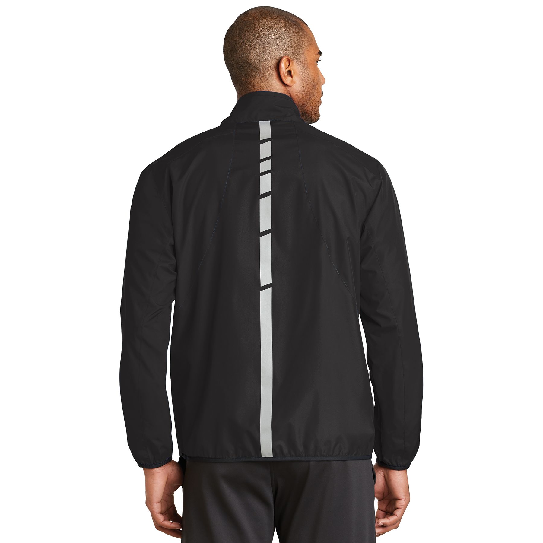 Black Port Authority® Zephyr Reflective Hit Full-Zip Jacket, featuring lightweight water-resistant fabric, reflective front and back accents, a full-zip front, zippered side pockets, elastic cuffs, and a stand-up collar for running, walking, cycling, and outdoor active wear in low-light conditions.