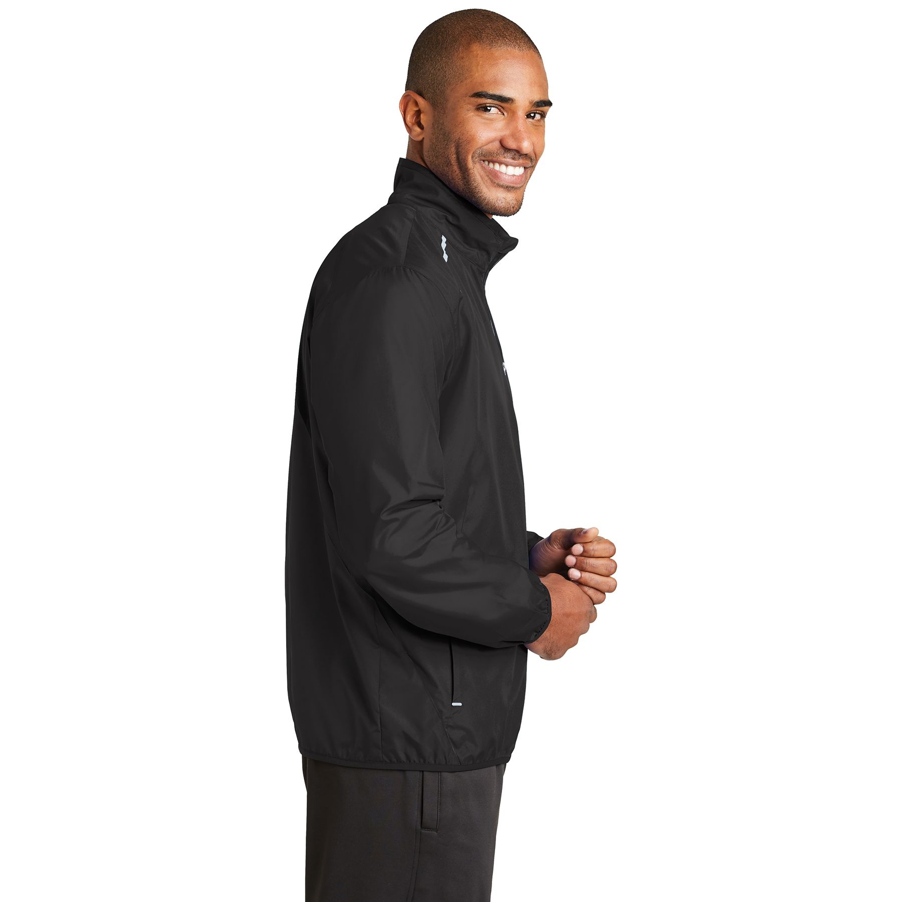 Black Port Authority® Zephyr Reflective Hit Full-Zip Jacket, featuring lightweight water-resistant fabric, reflective front and back accents, a full-zip front, zippered side pockets, elastic cuffs, and a stand-up collar for running, walking, cycling, and outdoor active wear in low-light conditions.