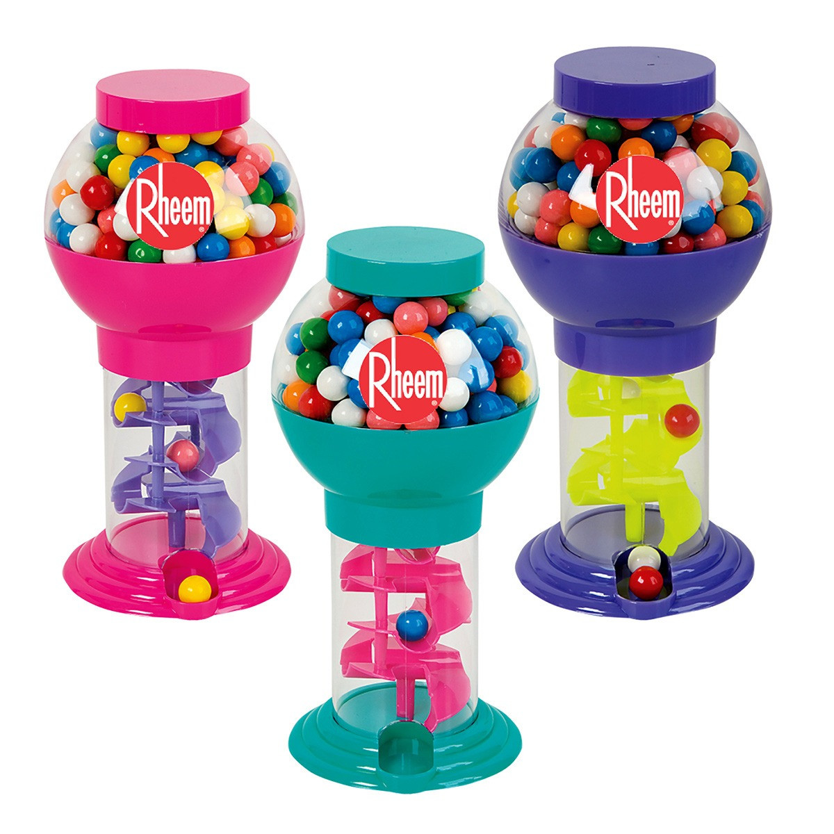 9.75" Assorted Color Spiral Gumball Machine, featuring a colorful spiral-style candy dispenser with a clear plastic globe, vibrant base, silver-tone dispensing knob, and a larger retro-inspired design for holding gumballs or candy as a countertop display, party favor, or promotional giveaway.