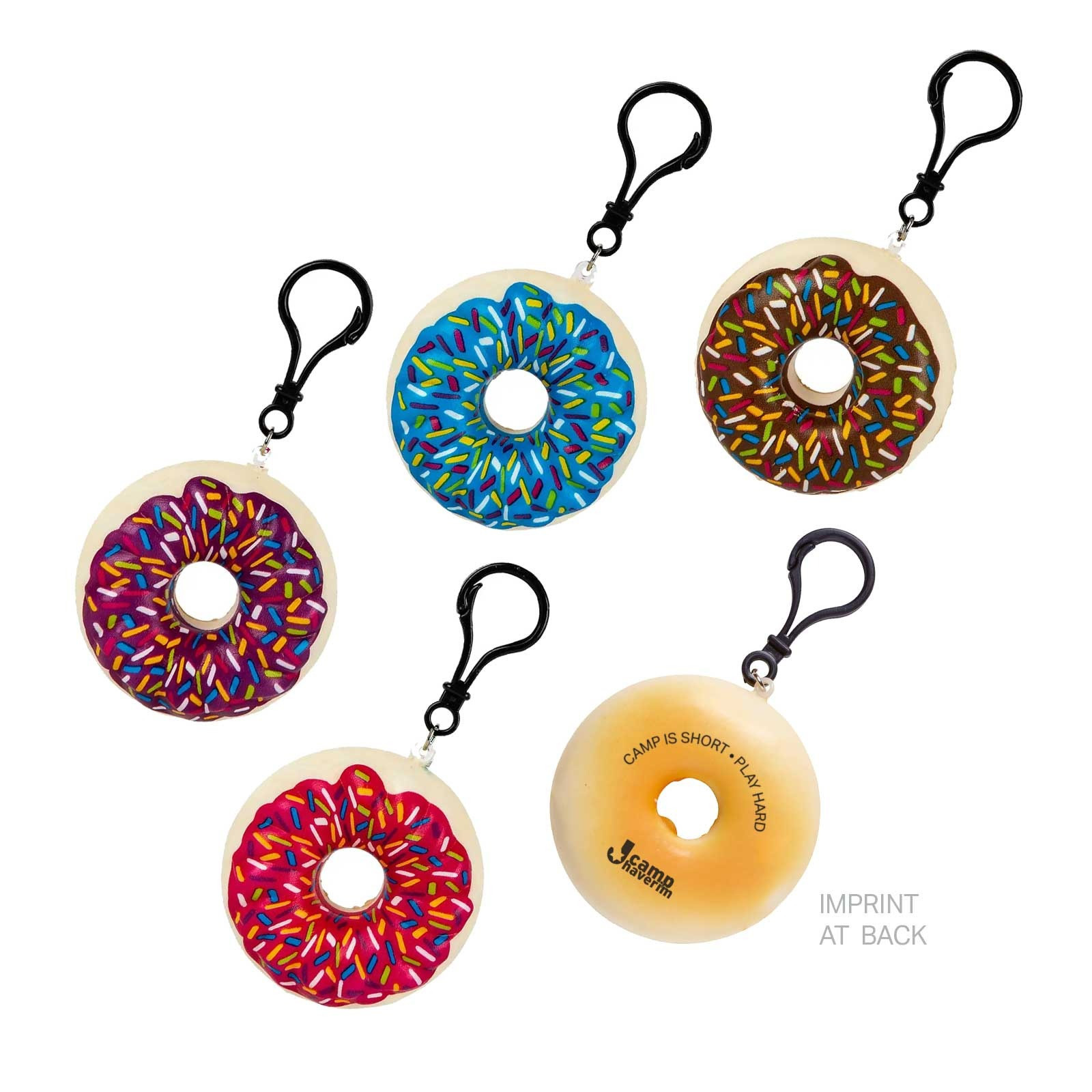 Assorted 2-3/4" Squishy Donut Clip-Ons, featuring soft slow-rise foam donut shapes with colorful frosting and sprinkle details, attached to durable plastic clip-ons for decorating