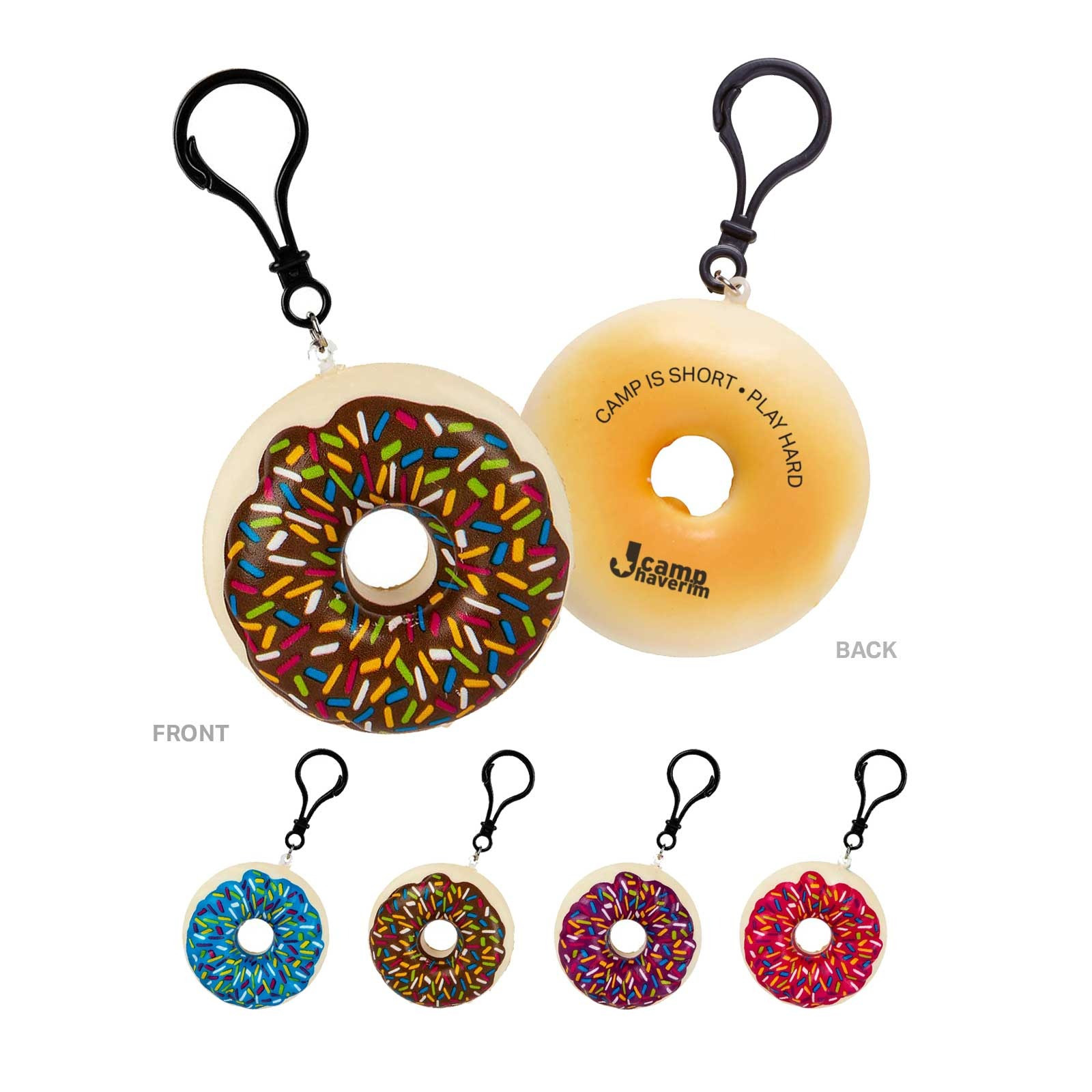 Assorted 2-3/4" Squishy Donut Clip-Ons, featuring soft slow-rise foam donut shapes with colorful frosting and sprinkle details, attached to durable plastic clip-ons for decorating